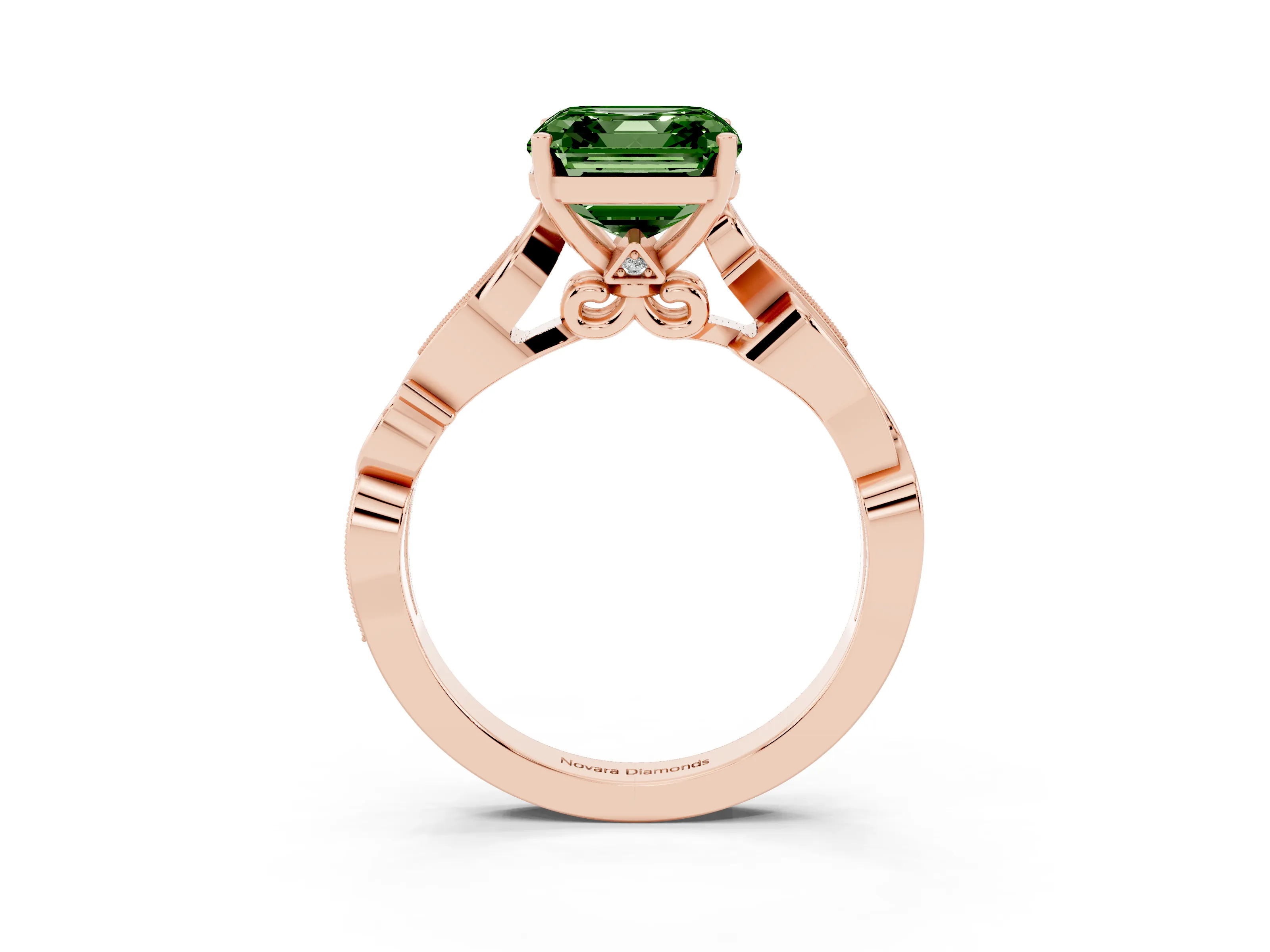 Fancy Green Asscher Cut Diamond Vine Band Solitaire Ring Set in Rose gold with Milgrain Prong Setting