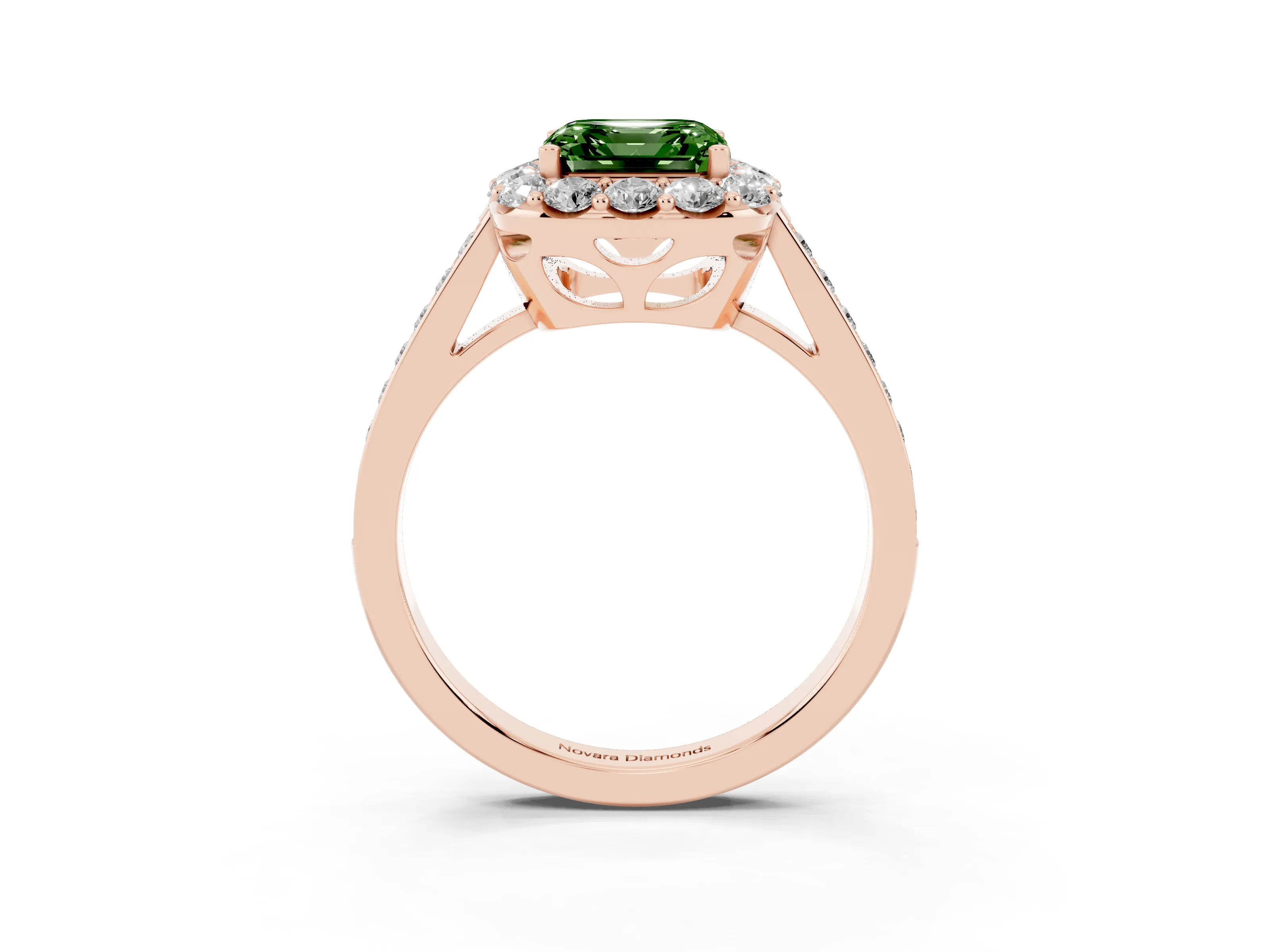 Fancy Green Asscher Cut Diamond Floral Halo Ring Set in Rose gold with Pavé Band and Prong Setting