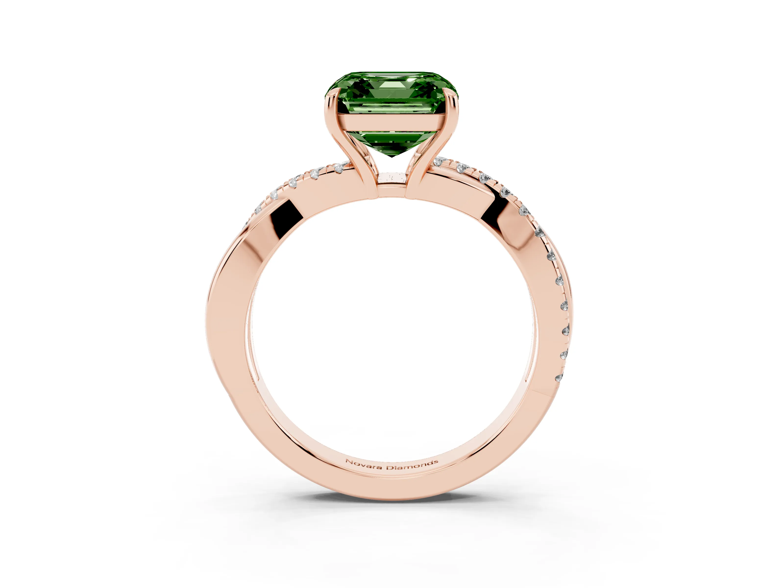 Fancy Green Asscher Cut Diamond Twisted Pavé Band Ring Set in Rose gold with Prong Setting