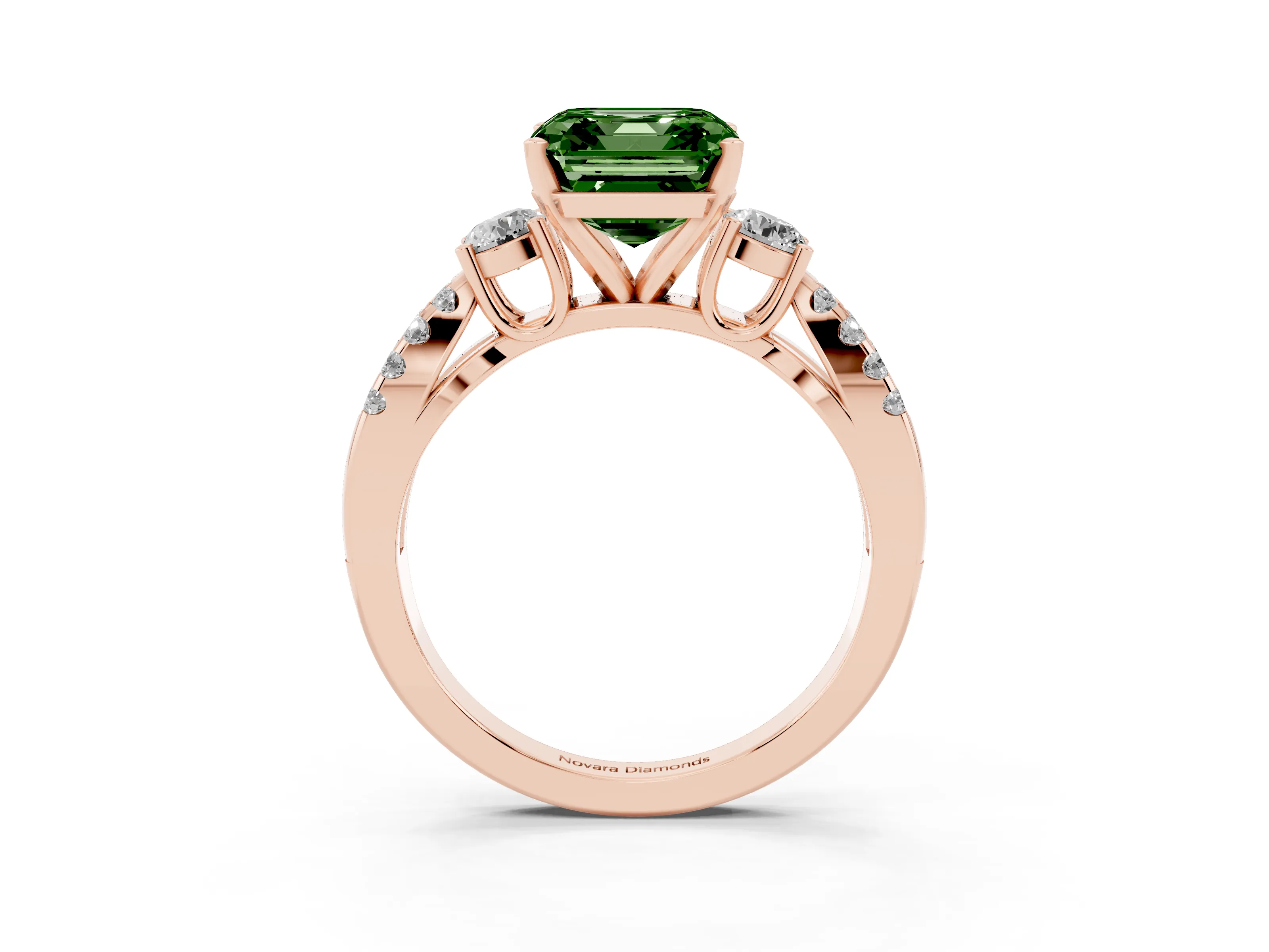 Fancy Green Asscher Cut Diamond Three-Stone Ring Set in Rose gold with Pavé Split Shank and Prong Setting