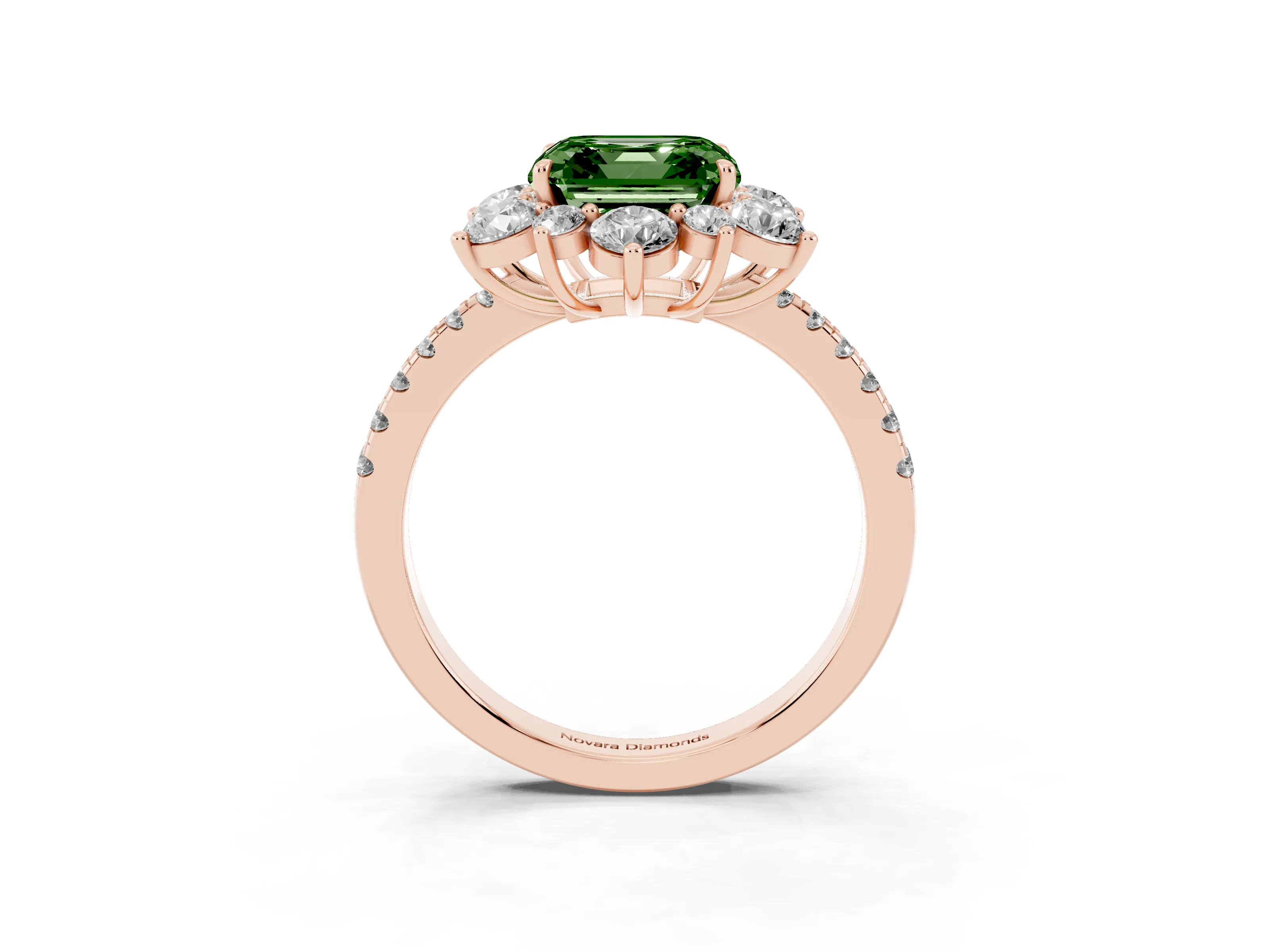 Fancy Green Asscher Cut Diamond Floral Halo Ring Set in Rose gold with Round Pavé Band and Prong Setting