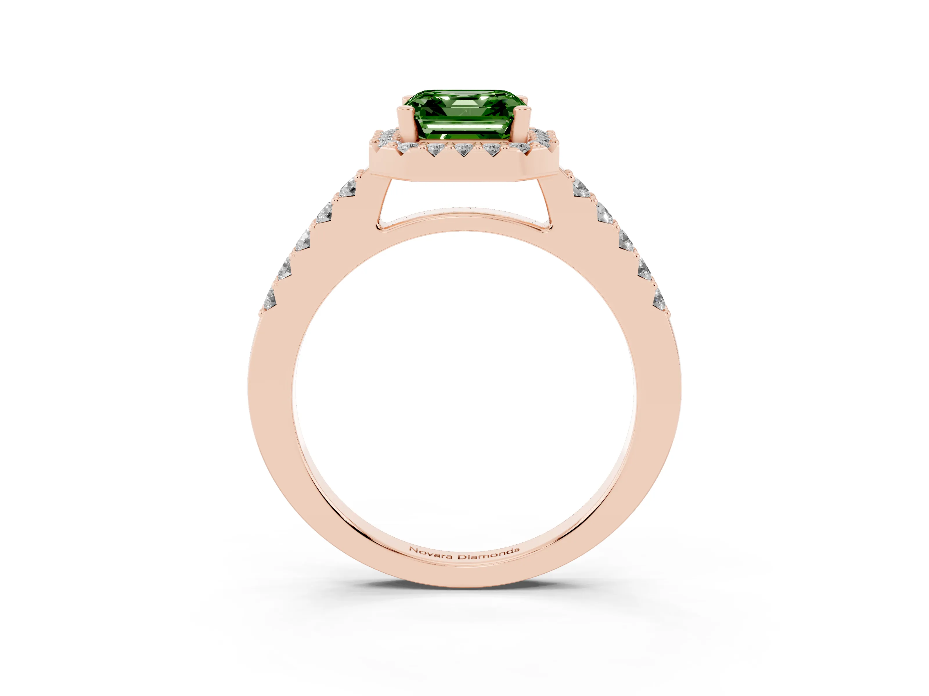Fancy Green Asscher Cut Diamond Halo Pavé Solitaire Ring Set in Rose gold with Prong-Set Center Stone