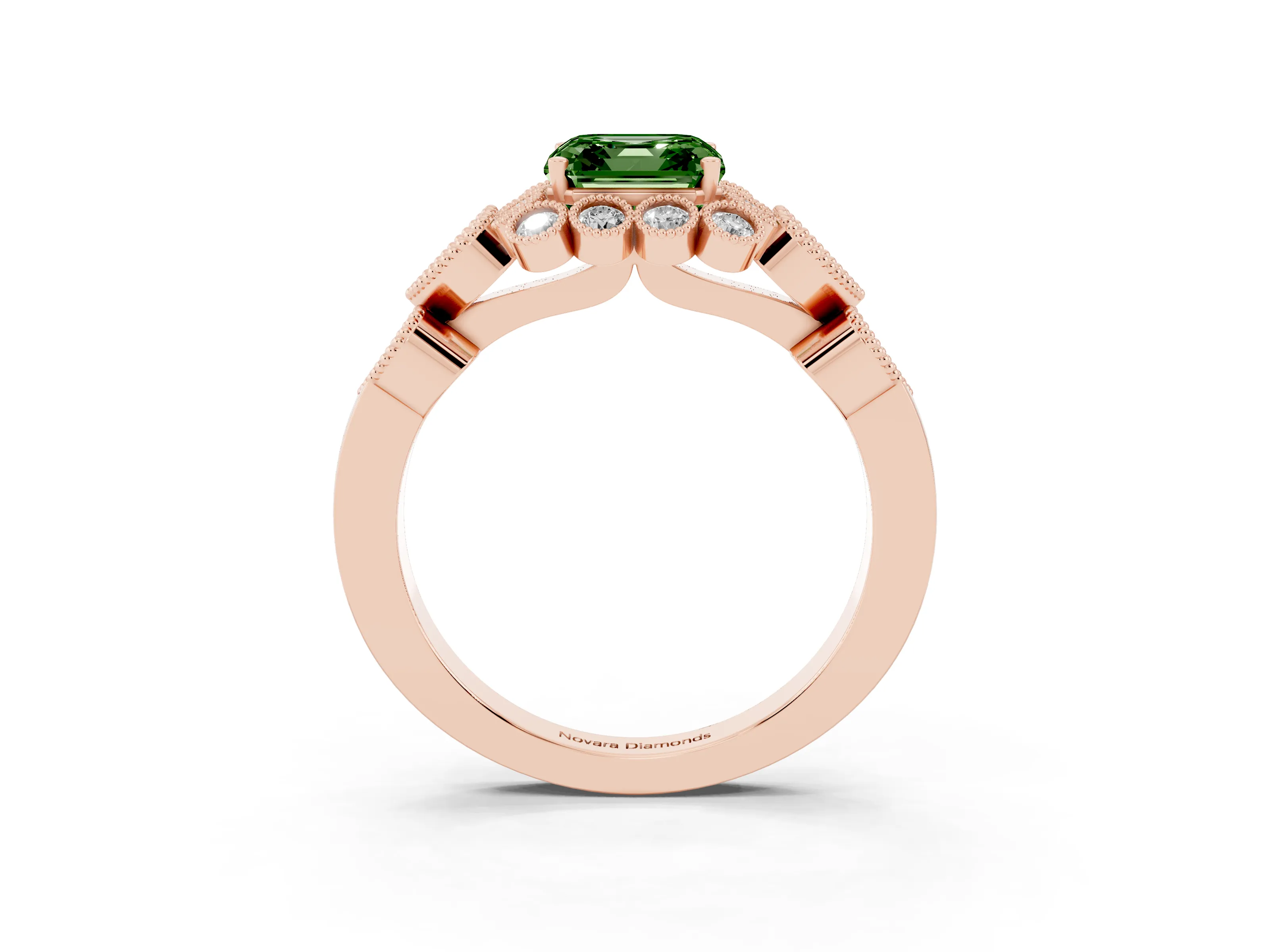 Fancy Green Asscher Cut Diamond Solitaire Ring Set in Rose gold with Milgrain Pavé Heart Band
