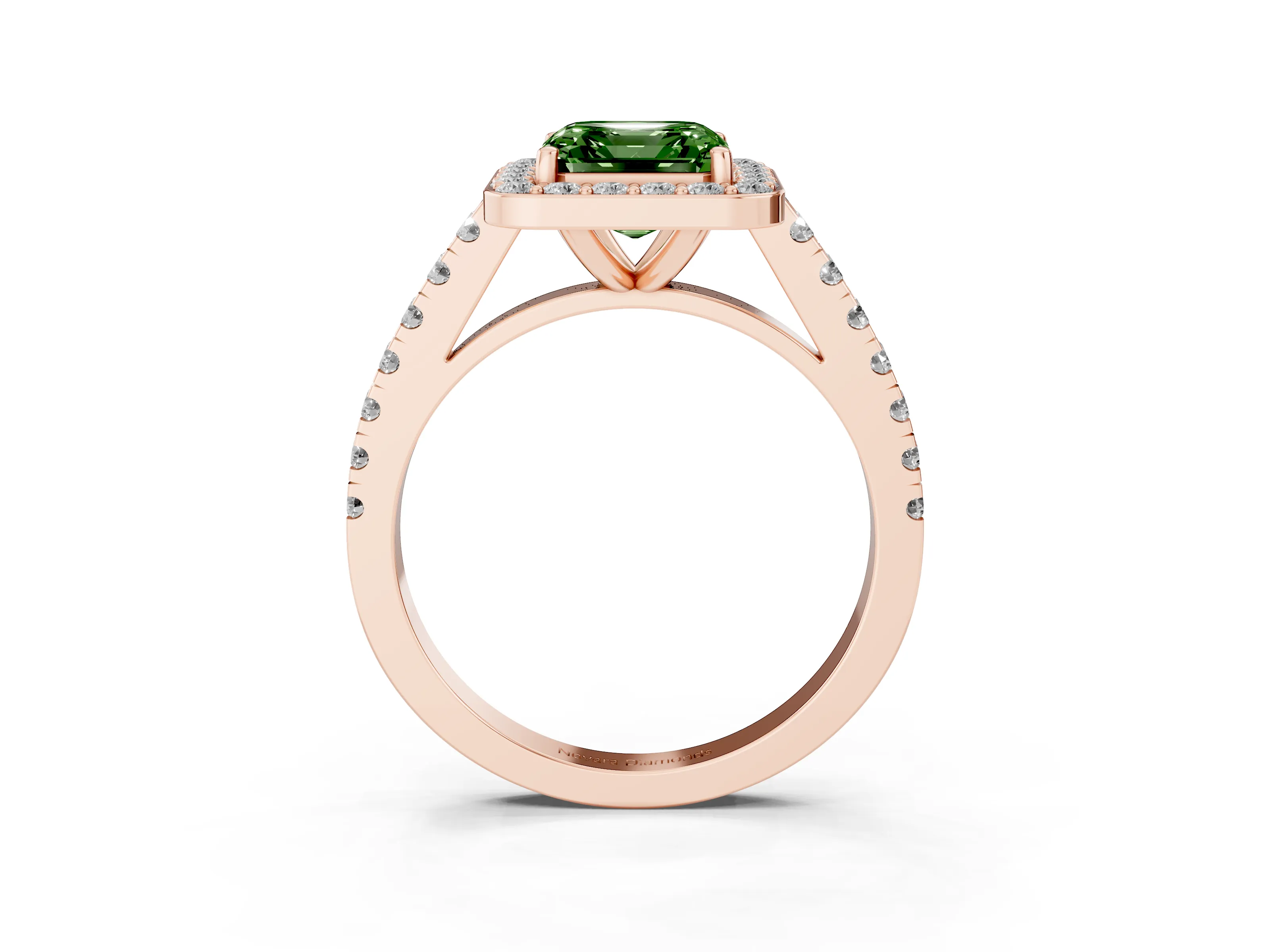 Fancy Green Asscher Cut Diamond Halo Ring Set in Rose gold with Round Pavé Split Shank and Prong Setting