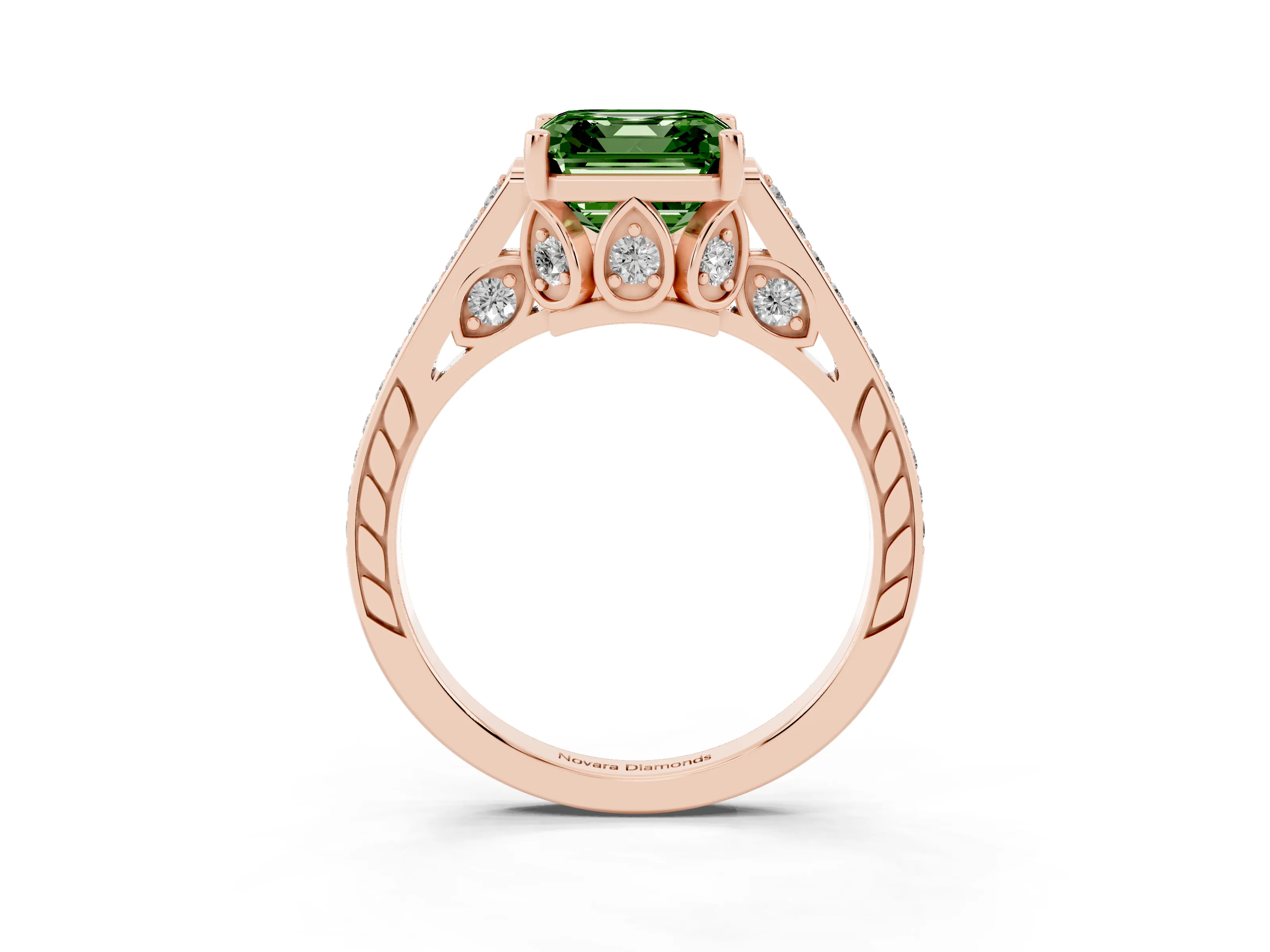 Fancy Green Asscher Cut Diamond Cathedral Pavé Engagement Ring Set in Rose gold with Prong Setting
