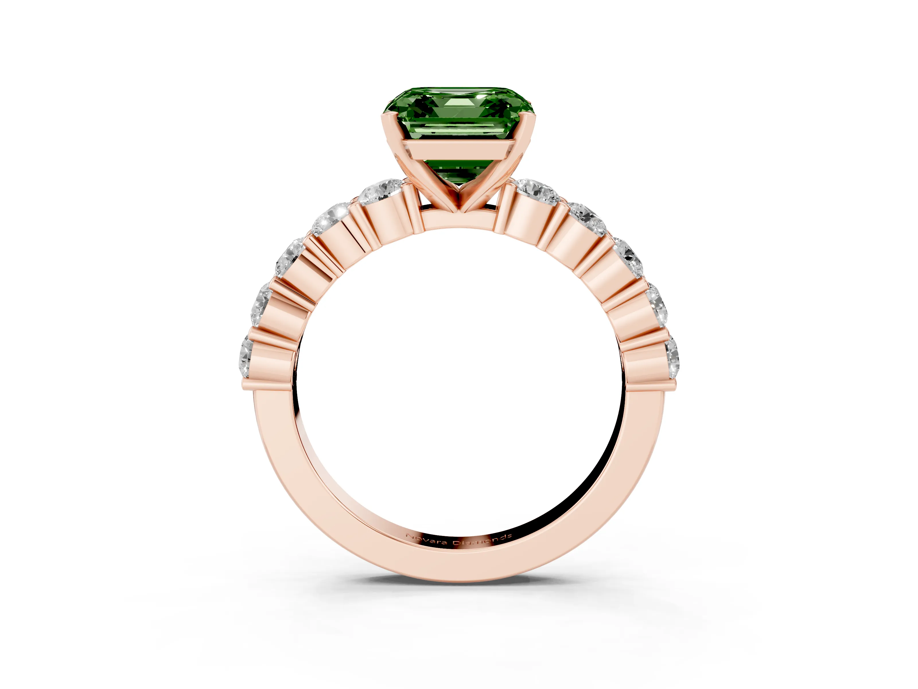 Fancy Green Asscher Cut Diamond Solitaire Ring Set in Rose gold with Shared Prong Round Side Stones