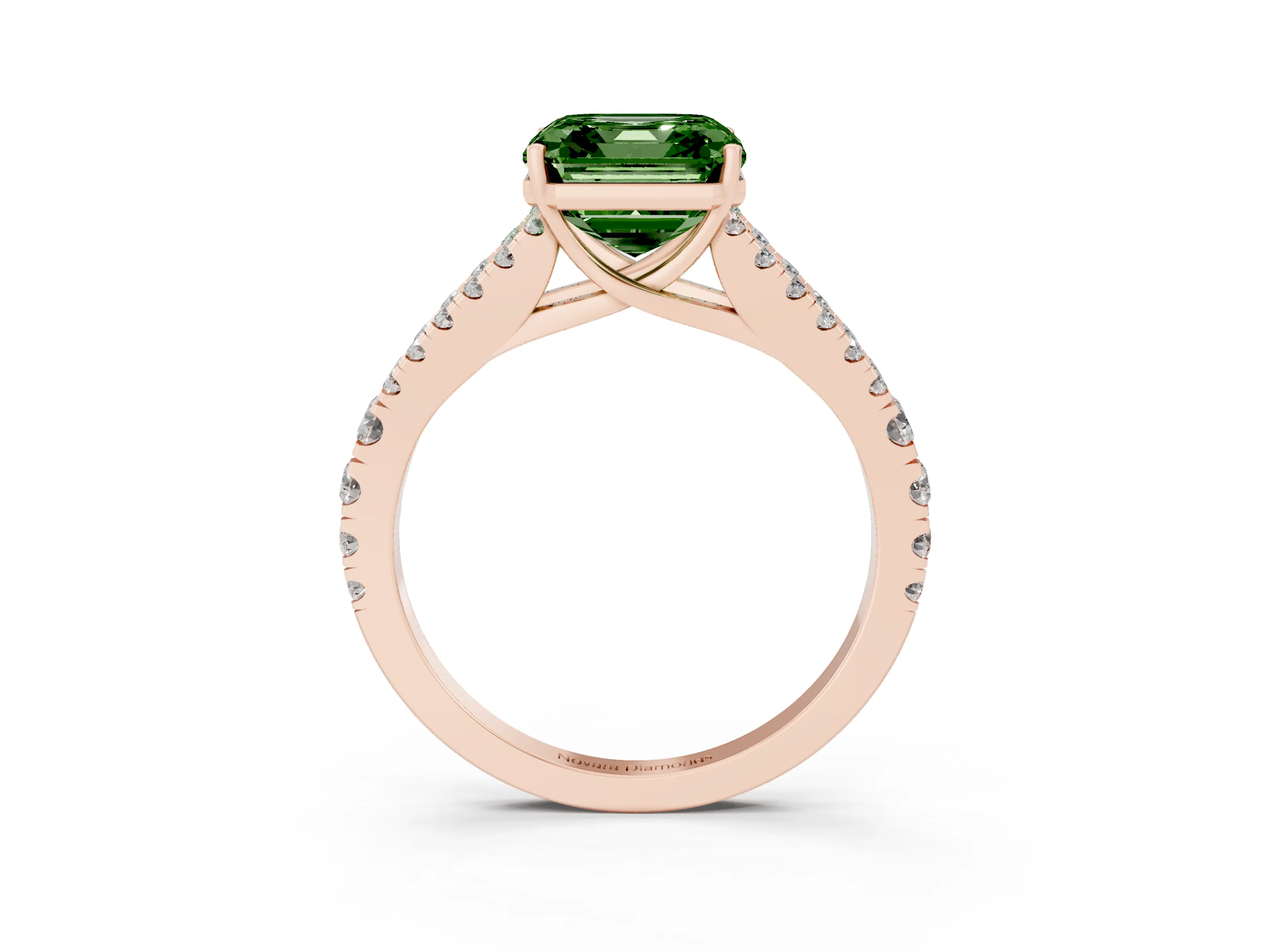 Fancy Green Asscher Cut Diamond Split Shank Engagement Ring Set in Rose gold with Round Pavé and Prong Setting