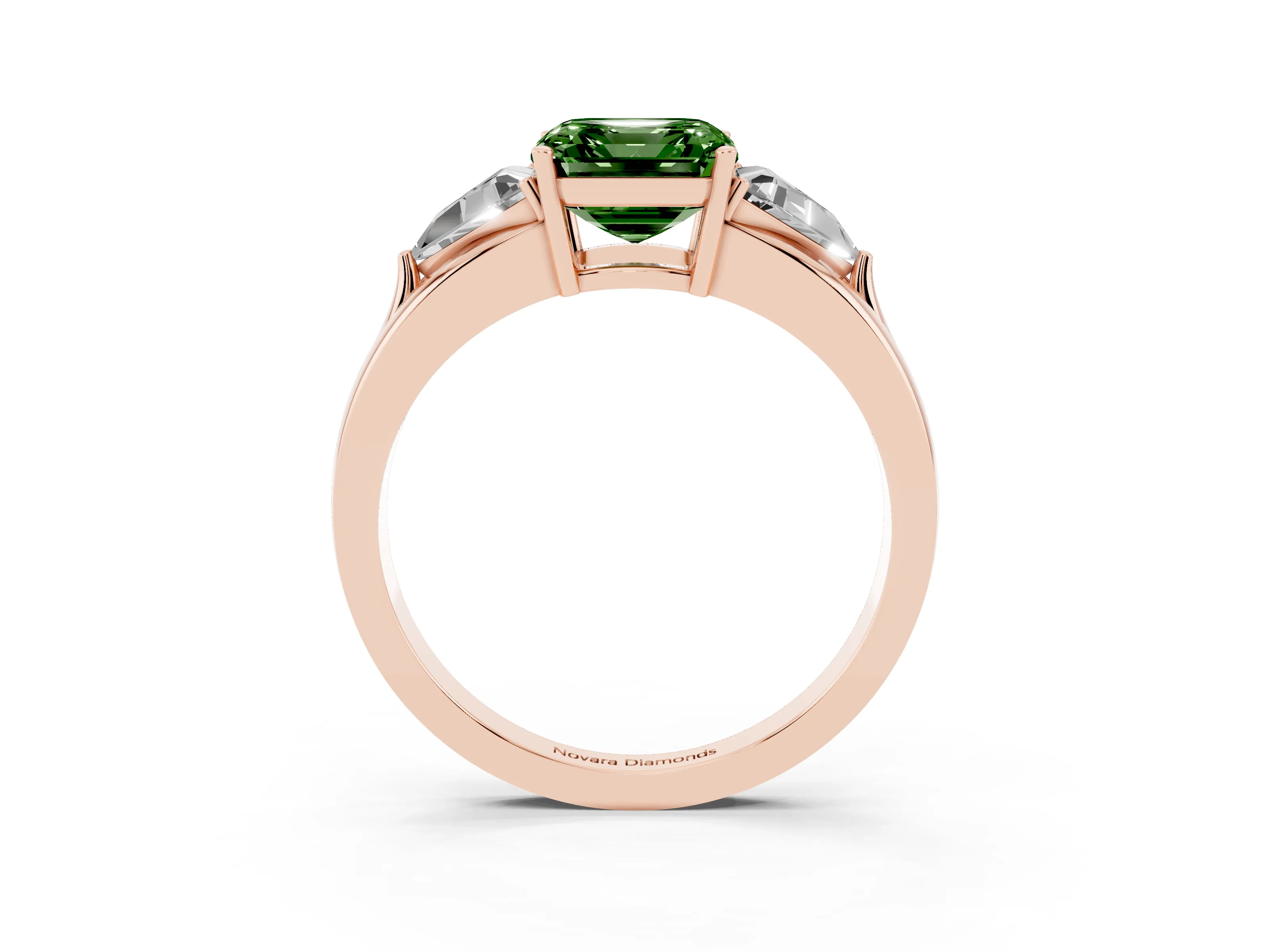 Fancy Green Asscher Cut Diamond Three-Stone Ring Set in Rose gold with Trillion Side Stones and Split Shank