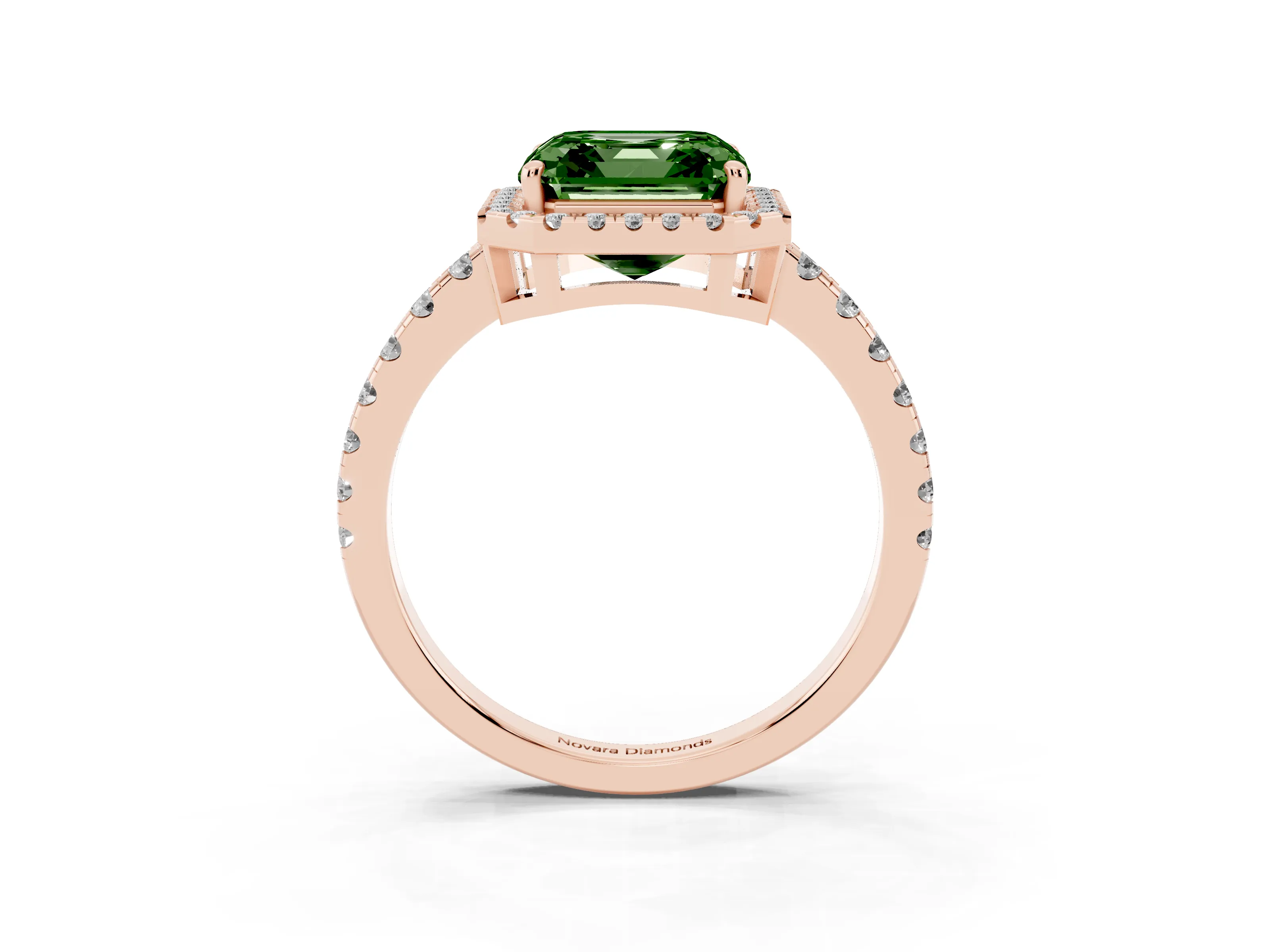 Fancy Green Asscher Cut Diamond Halo Ring Set in Rose gold with Delicate Pavé Band and Prong Setting