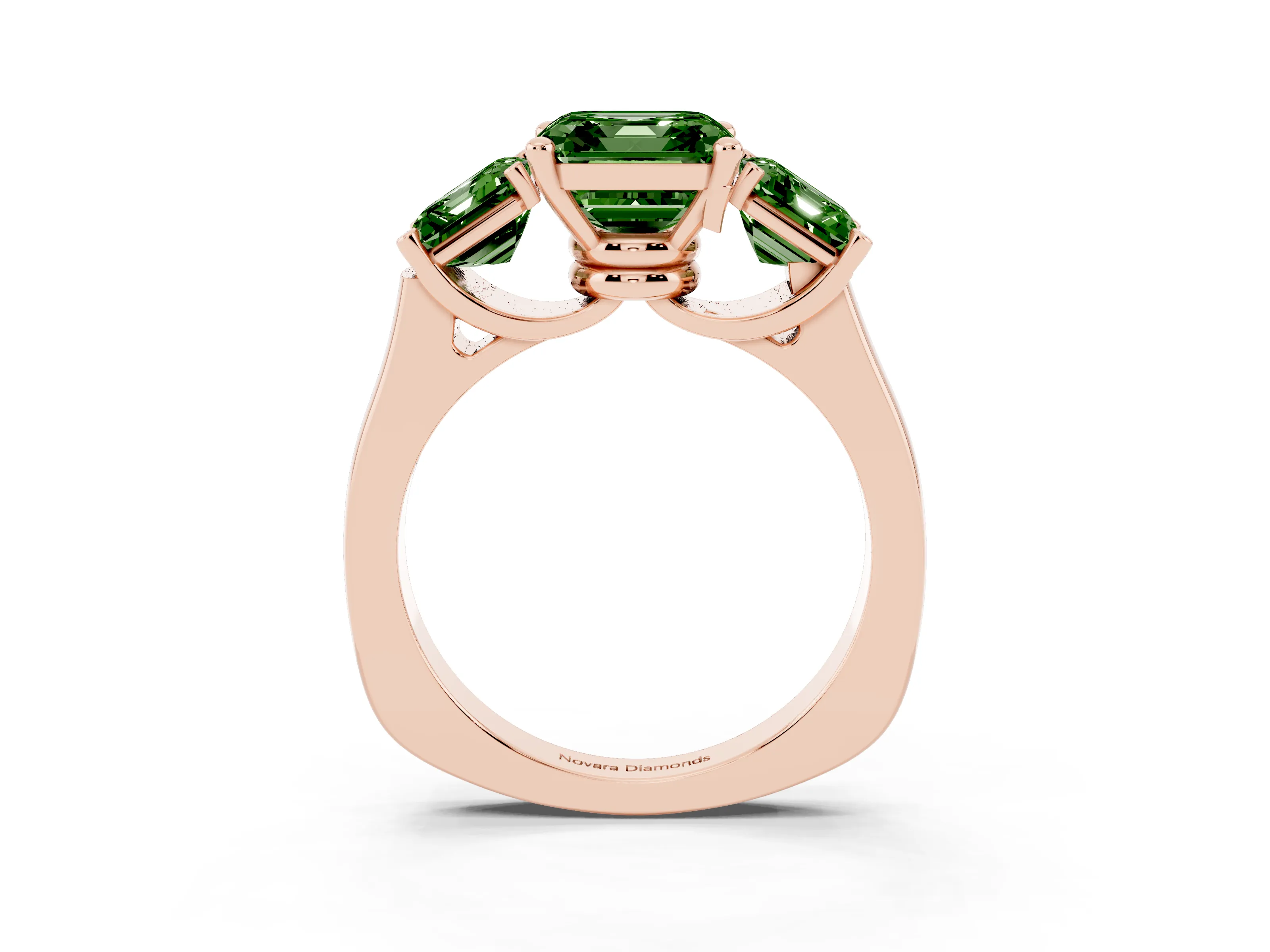 Fancy Green Asscher Cut Diamond Three-Stone Trellis Ring Set in Rose gold with Comfort Fit Band