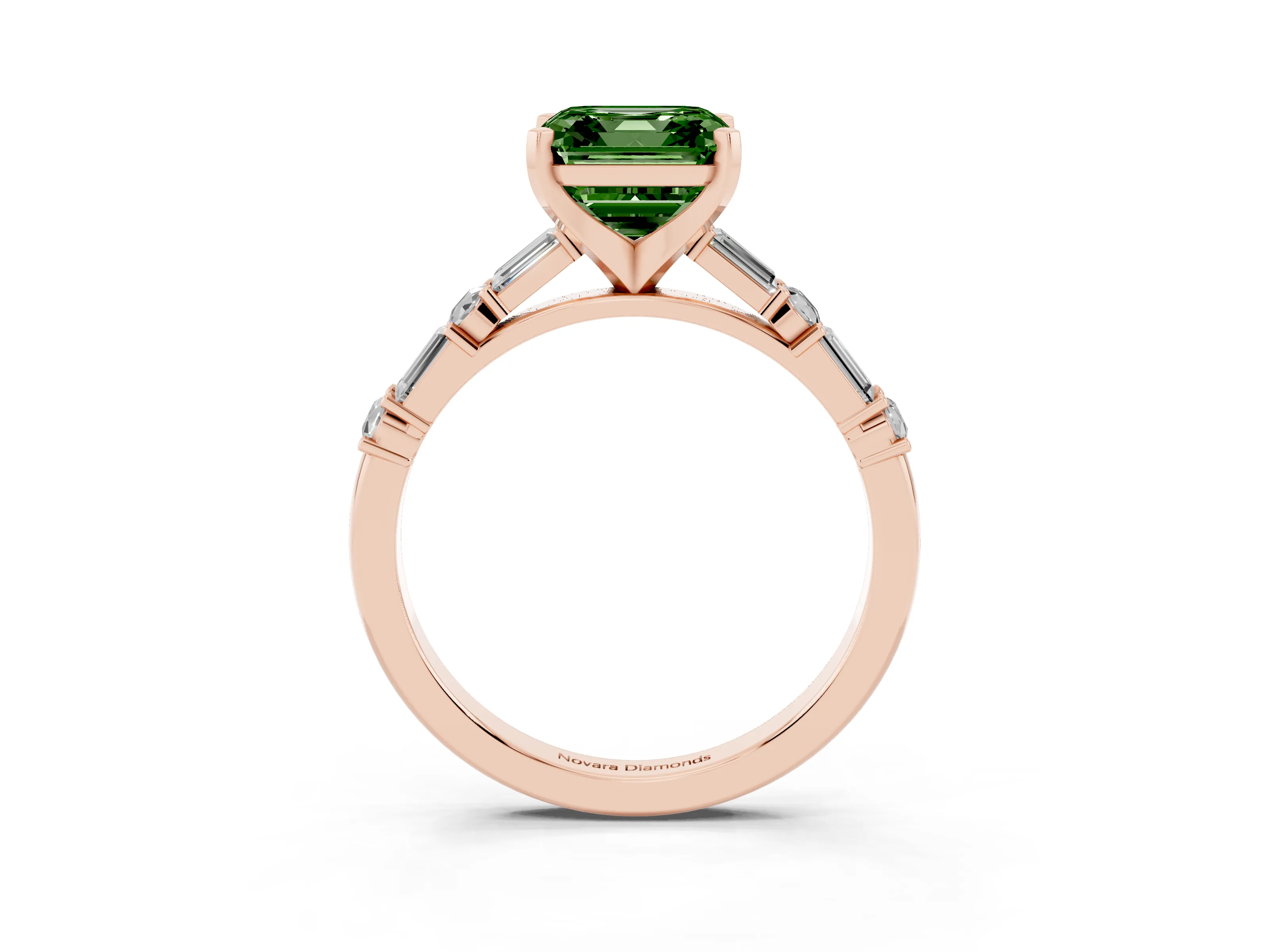 Fancy Green Asscher Cut Diamond Solitaire Set in Rose gold with Side Baguettes and Channel Set Band