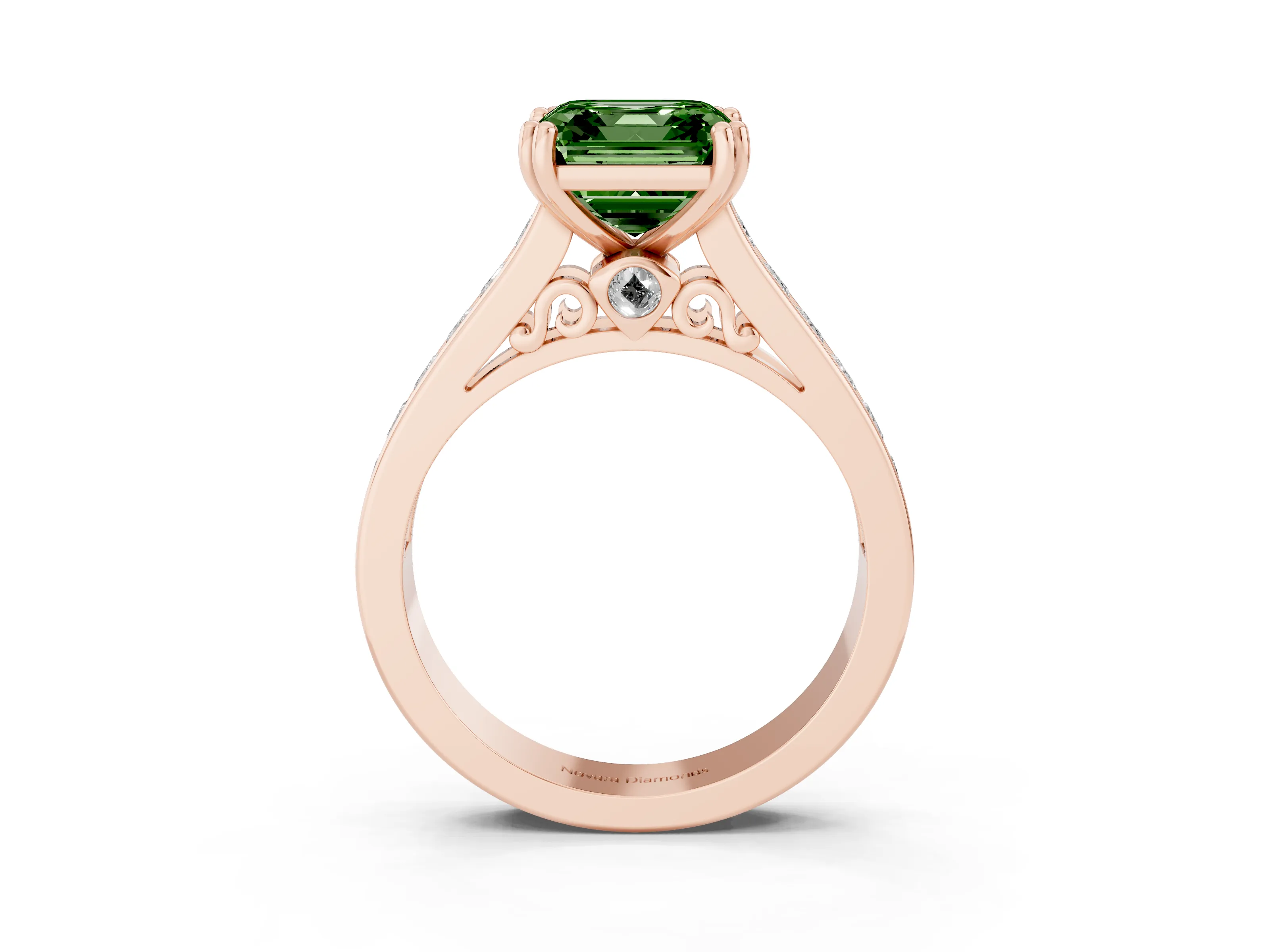 Fancy Green Asscher Cut Diamond Channel Set Solitaire Engagement Ring Set in Rose gold with Prong Setting