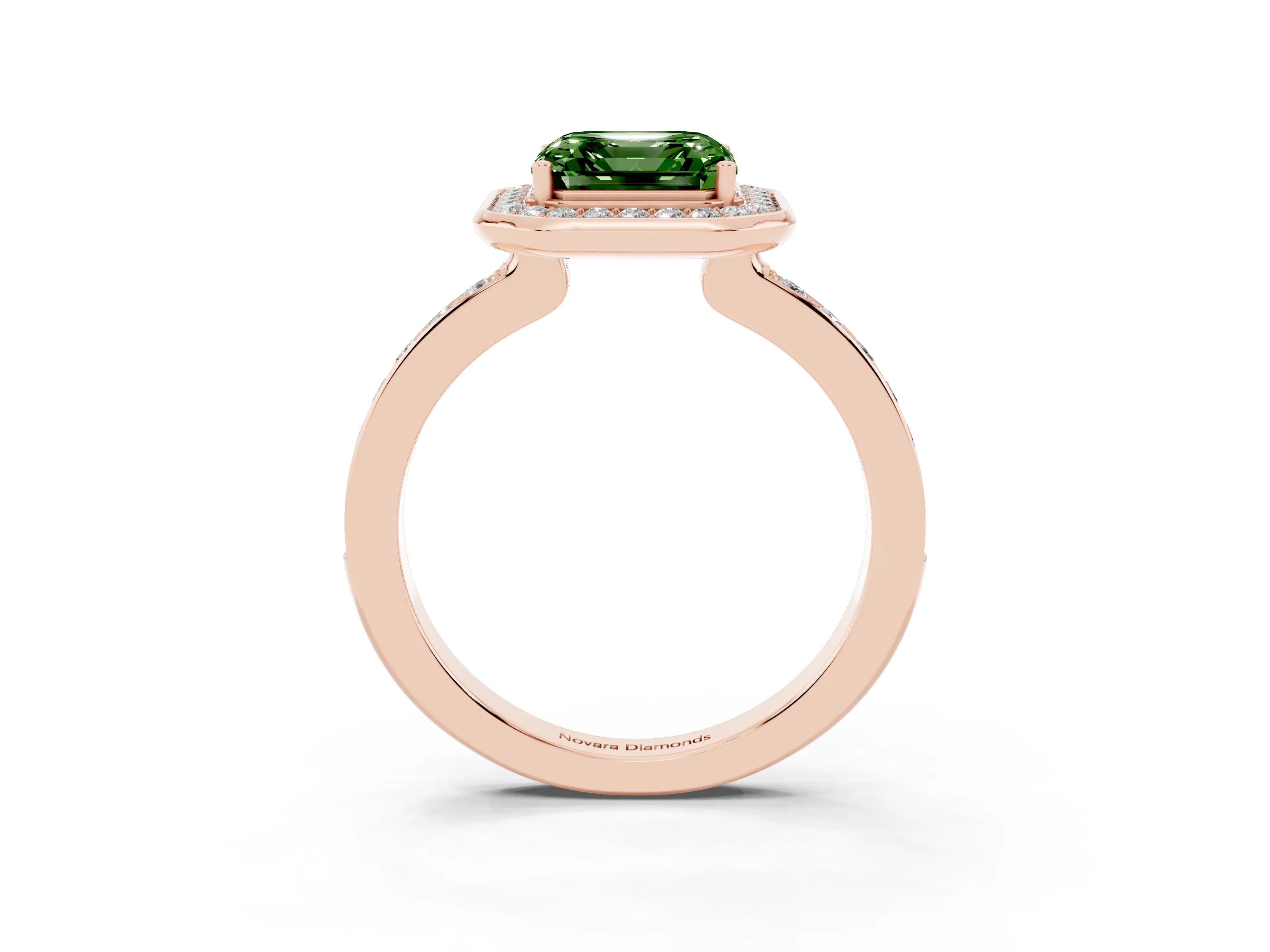 Fancy Green Asscher Cut Diamond Halo Ring Set in Rose gold with Bezel Frame and Pavé Band
