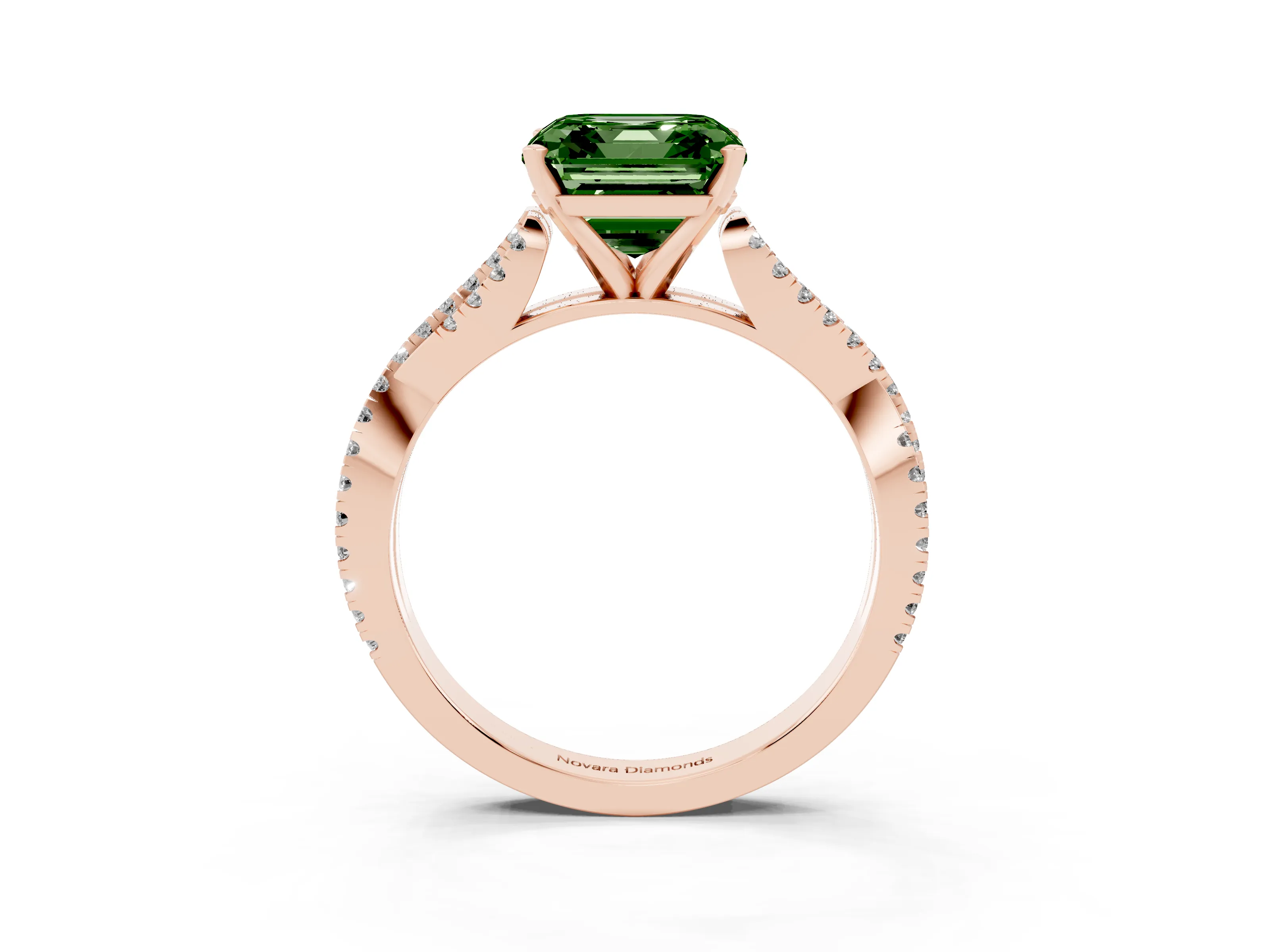Fancy Green Asscher Cut Diamond Solitaire Engagement Ring Set in Rose gold with Twisted Pavé Band and Prong Setting