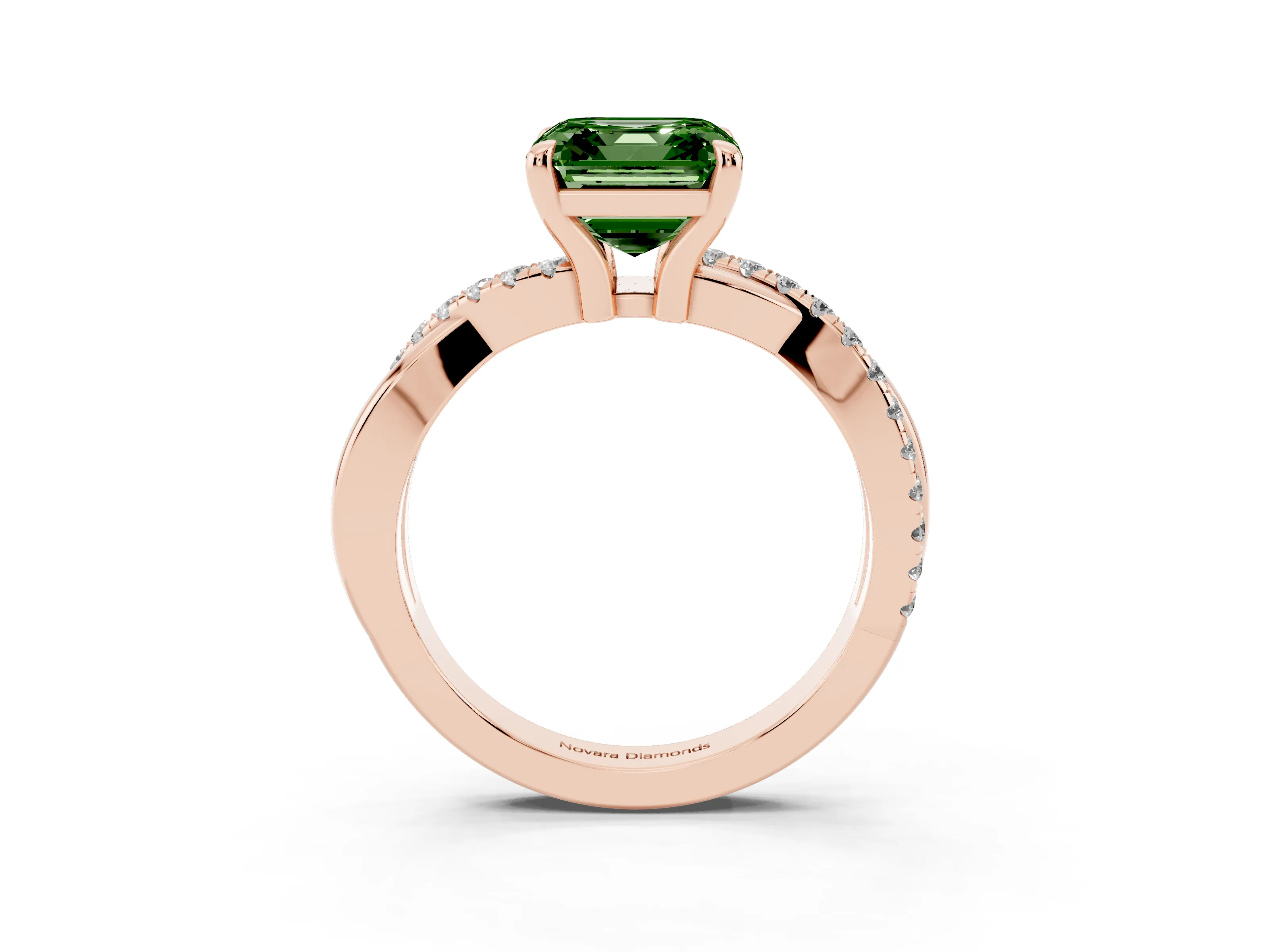 Fancy Green Asscher Cut Diamond Twist Band Pavé Solitaire Ring Set in Rose gold with Prong Setting