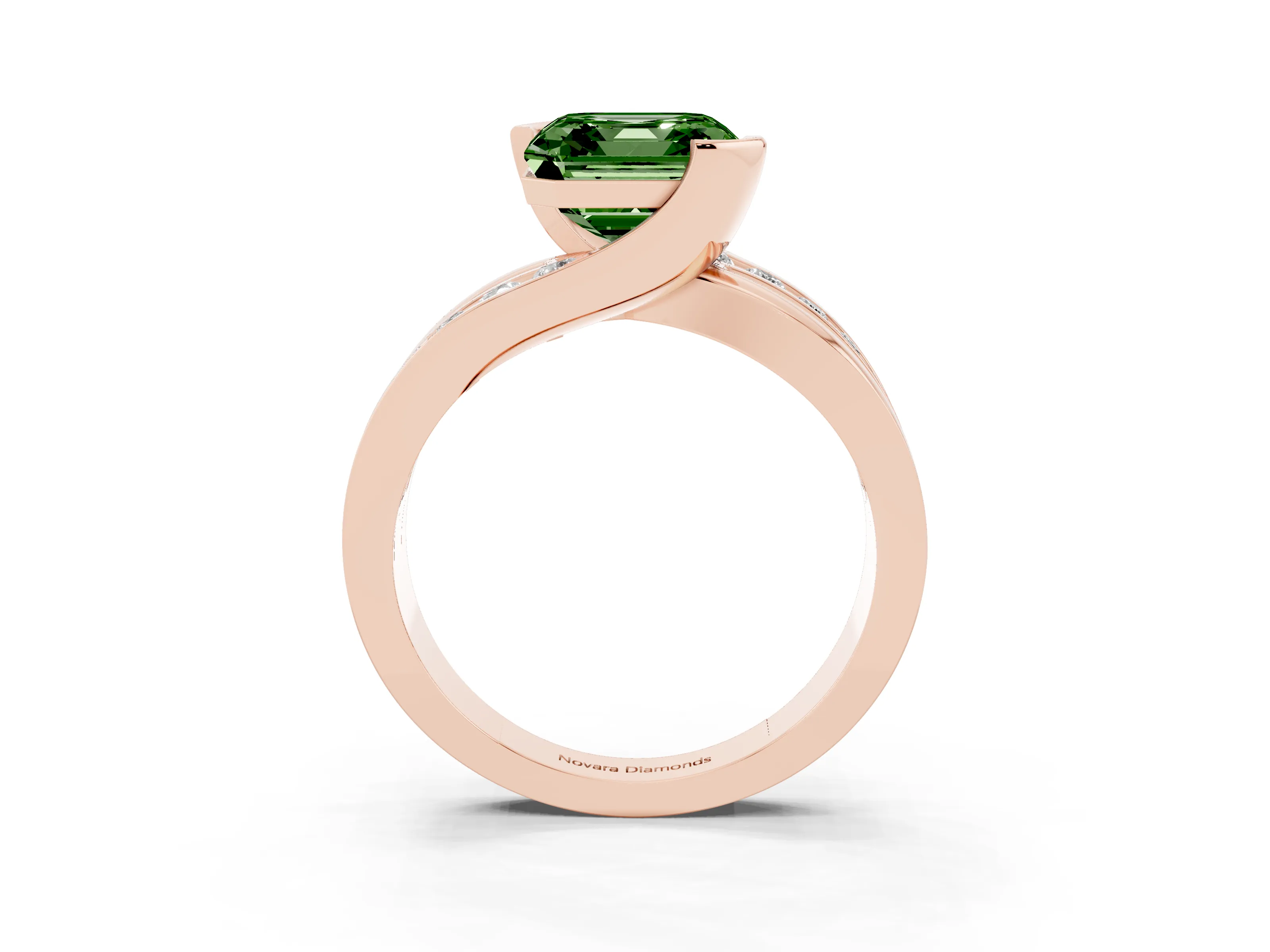Fancy Green Asscher Cut Diamond Solitaire Ring Set in Rose gold with Channel Set Split Shank and Tension Prongs
