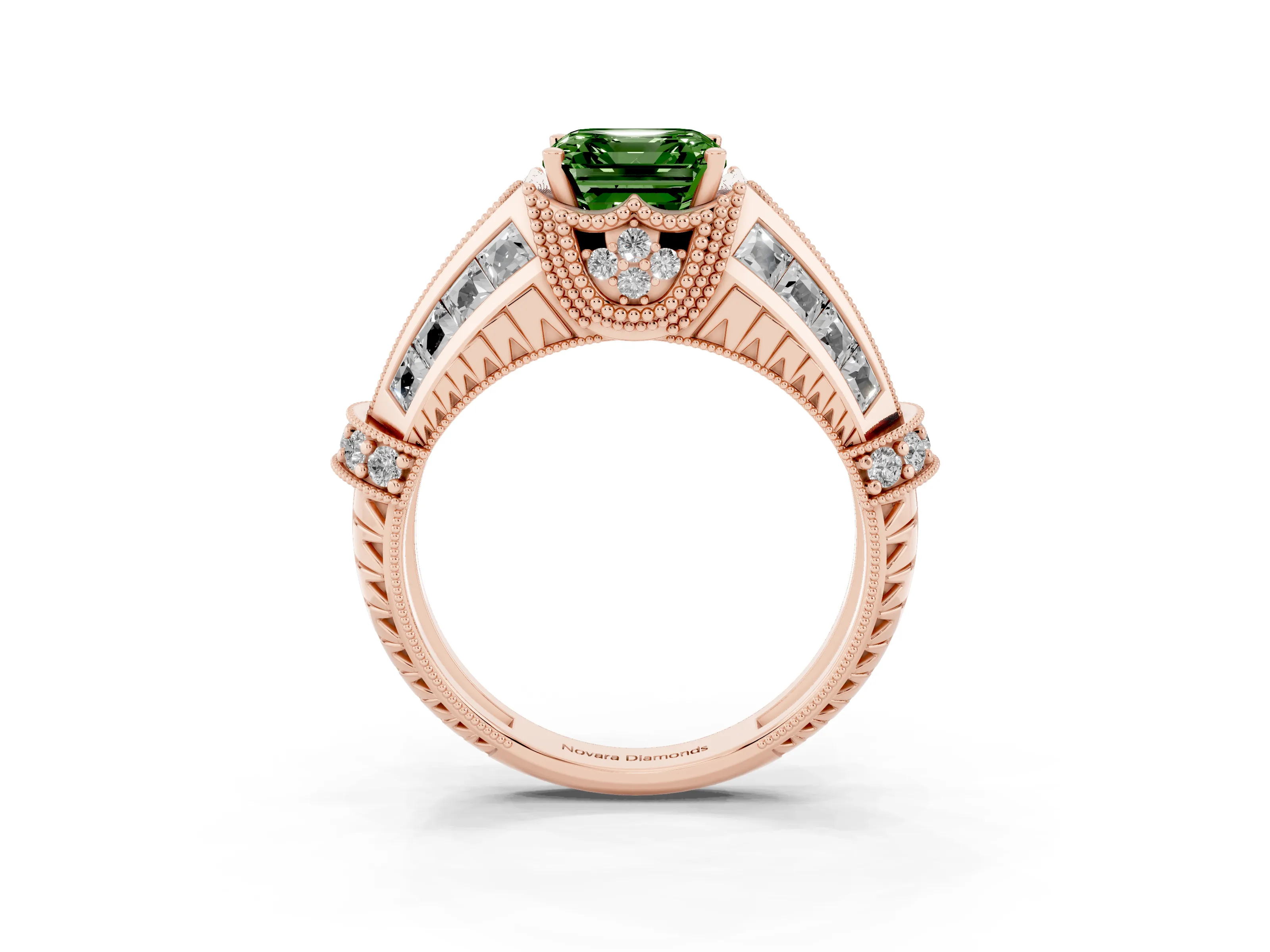 Fancy Green Asscher Cut Diamond Vintage-Inspired Milgrain Ring Set in Rose gold with Accent Split Shank