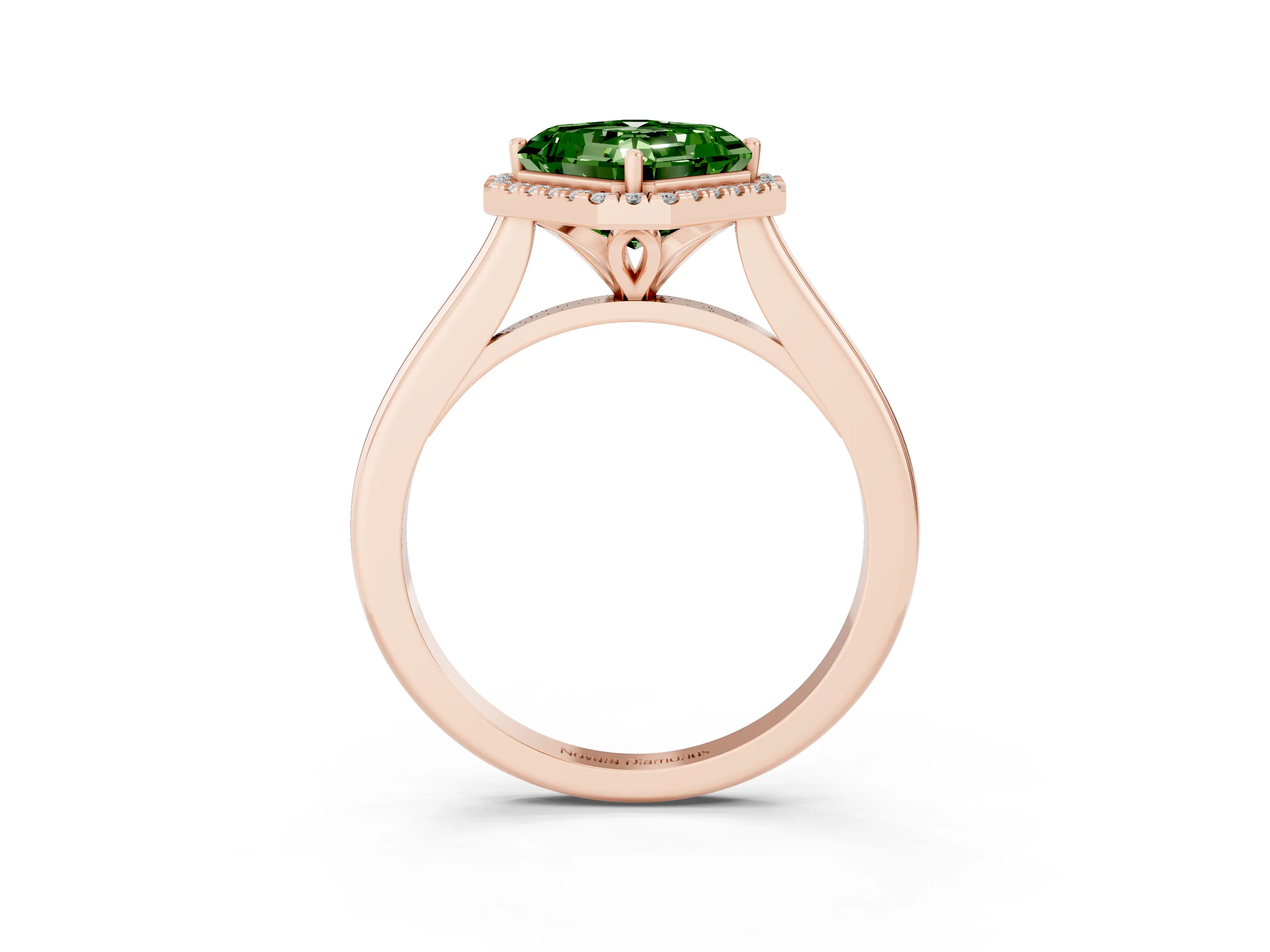 Fancy Green Asscher Cut Diamond Halo Engagement Ring Set in Rose gold with Pavé Band and Rising Shoulders