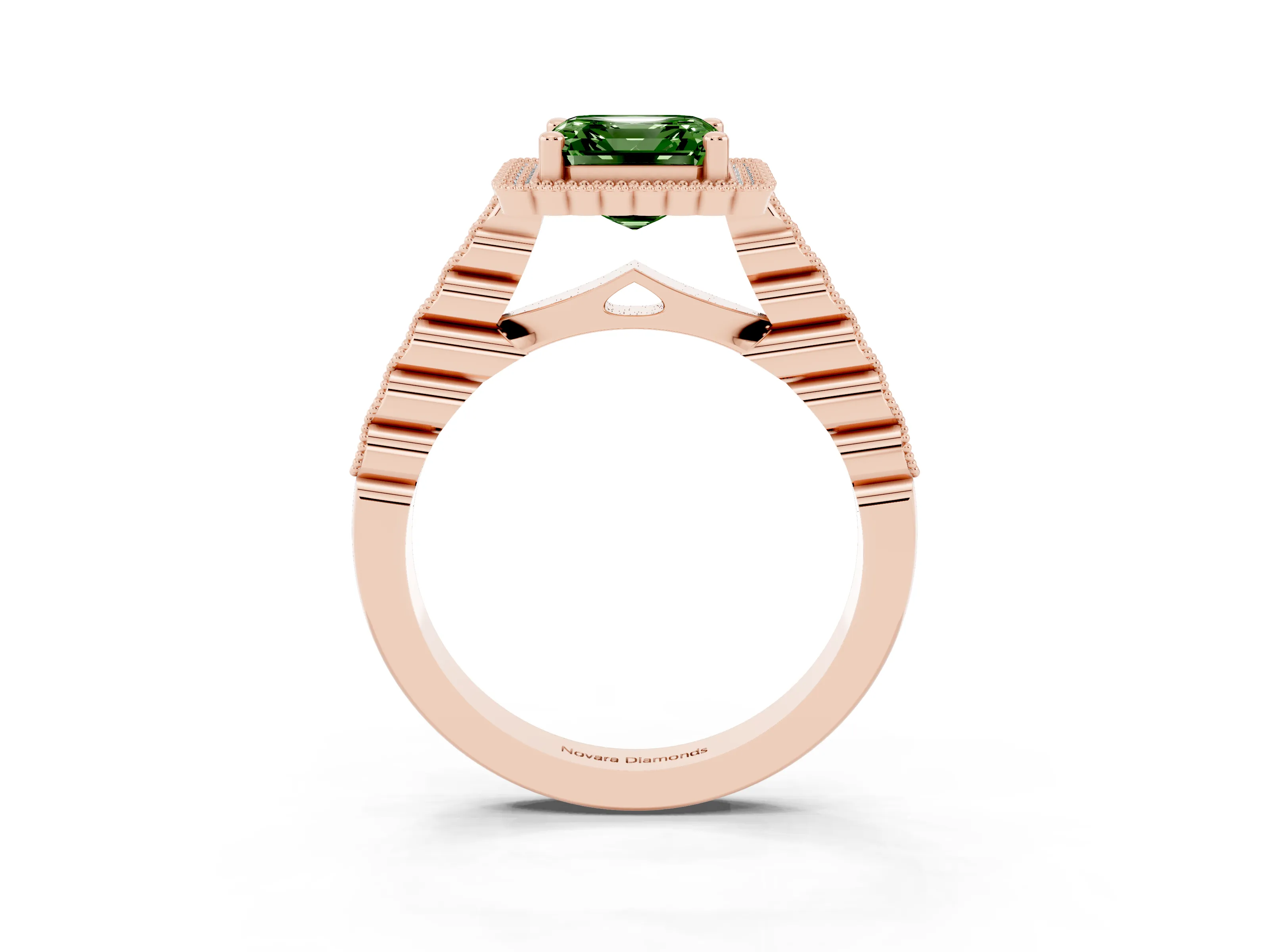 Fancy Green Asscher Cut Diamond Halo Ring Set in Rose gold with Pavé Milgrain Band