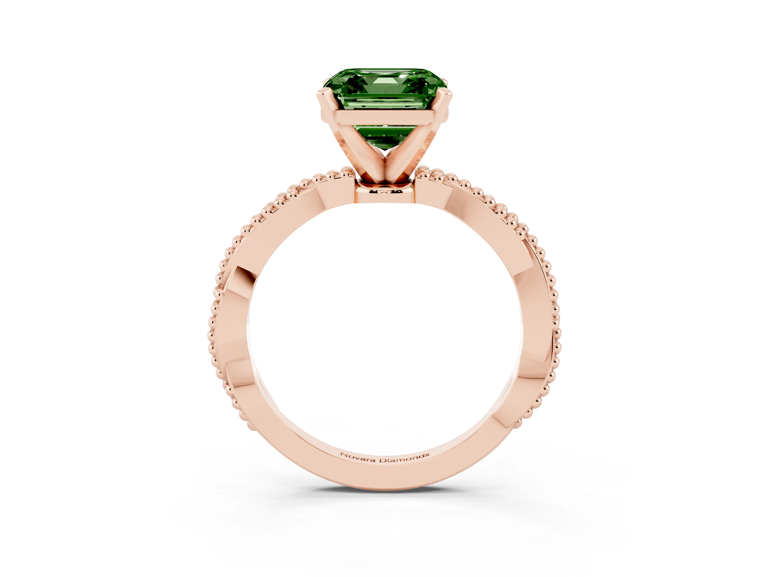 Fancy Green Asscher Cut Diamond Solitaire Ring Set in Rose gold with Twisted Band and Bead Prong Setting