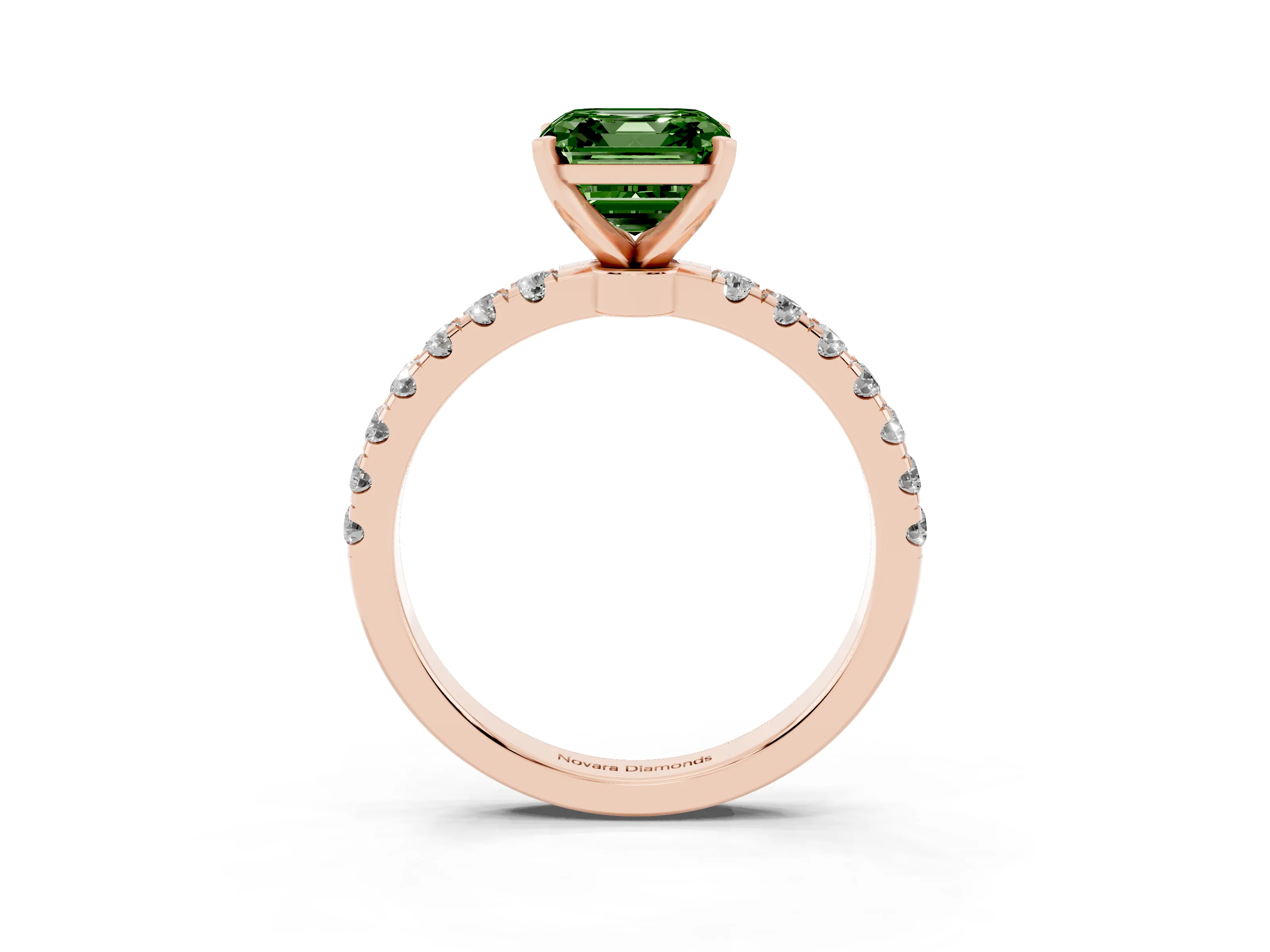 Fancy Green Asscher Cut Diamond Solitaire Ring Set in Rose gold with Pavé Accents and Prong Setting