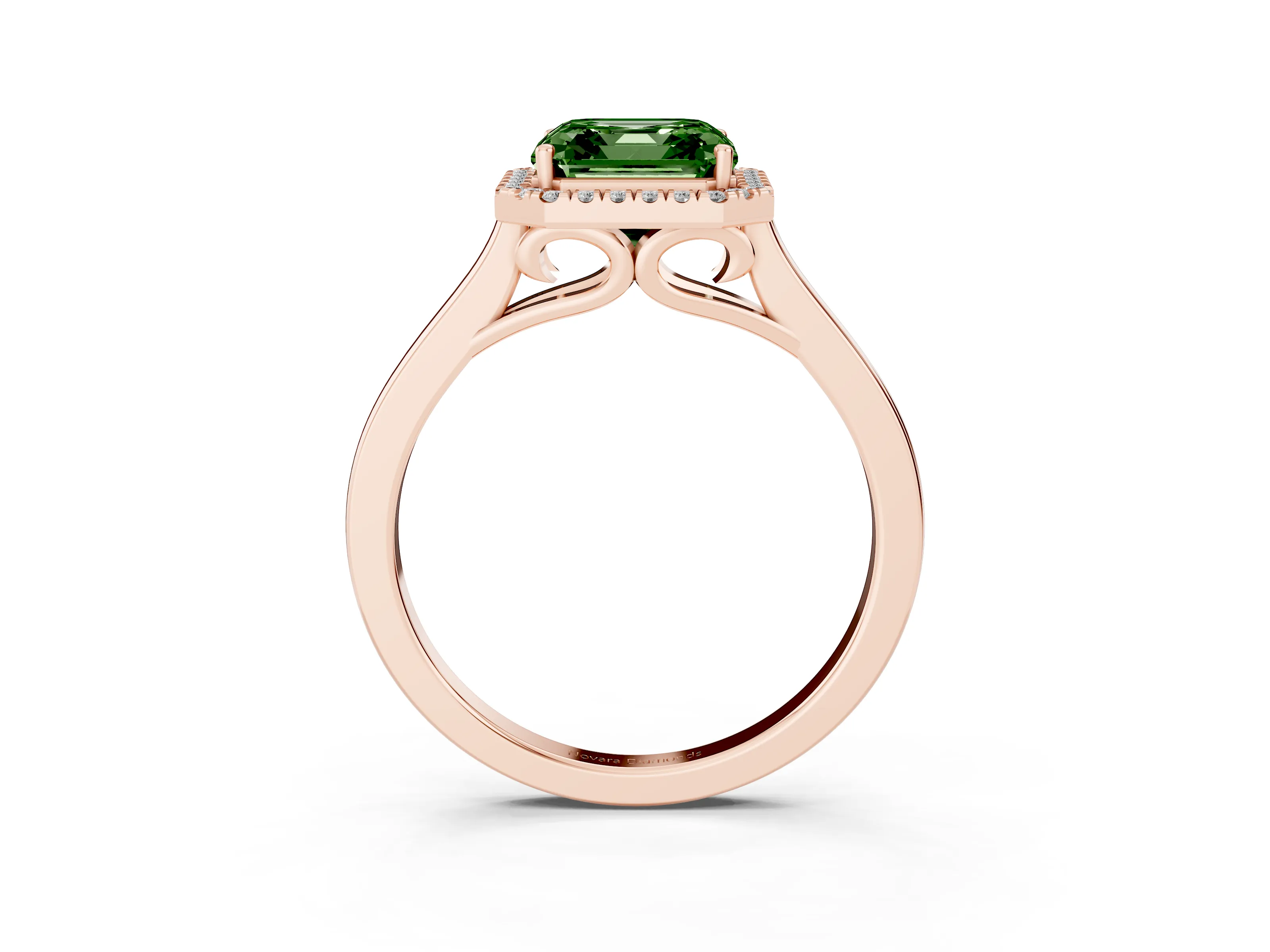 Fancy Green Asscher Cut Halo Round Diamond Solitaire Ring Set in Rose gold with Pavé Band and Prong Setting