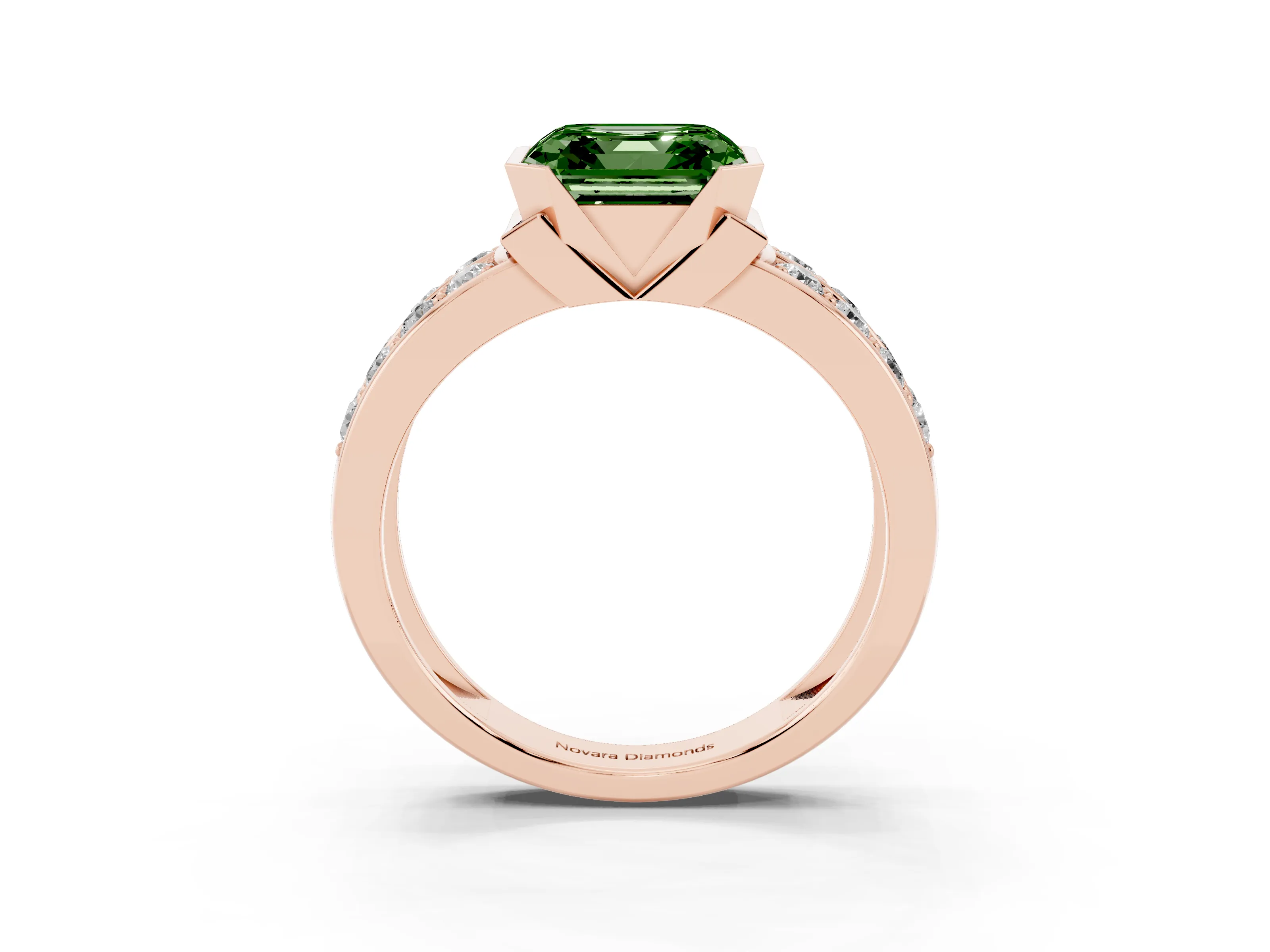 Fancy Green Asscher Cut Diamond Wide Channel Set Band Ring Set in Rose gold with Bezel Setting