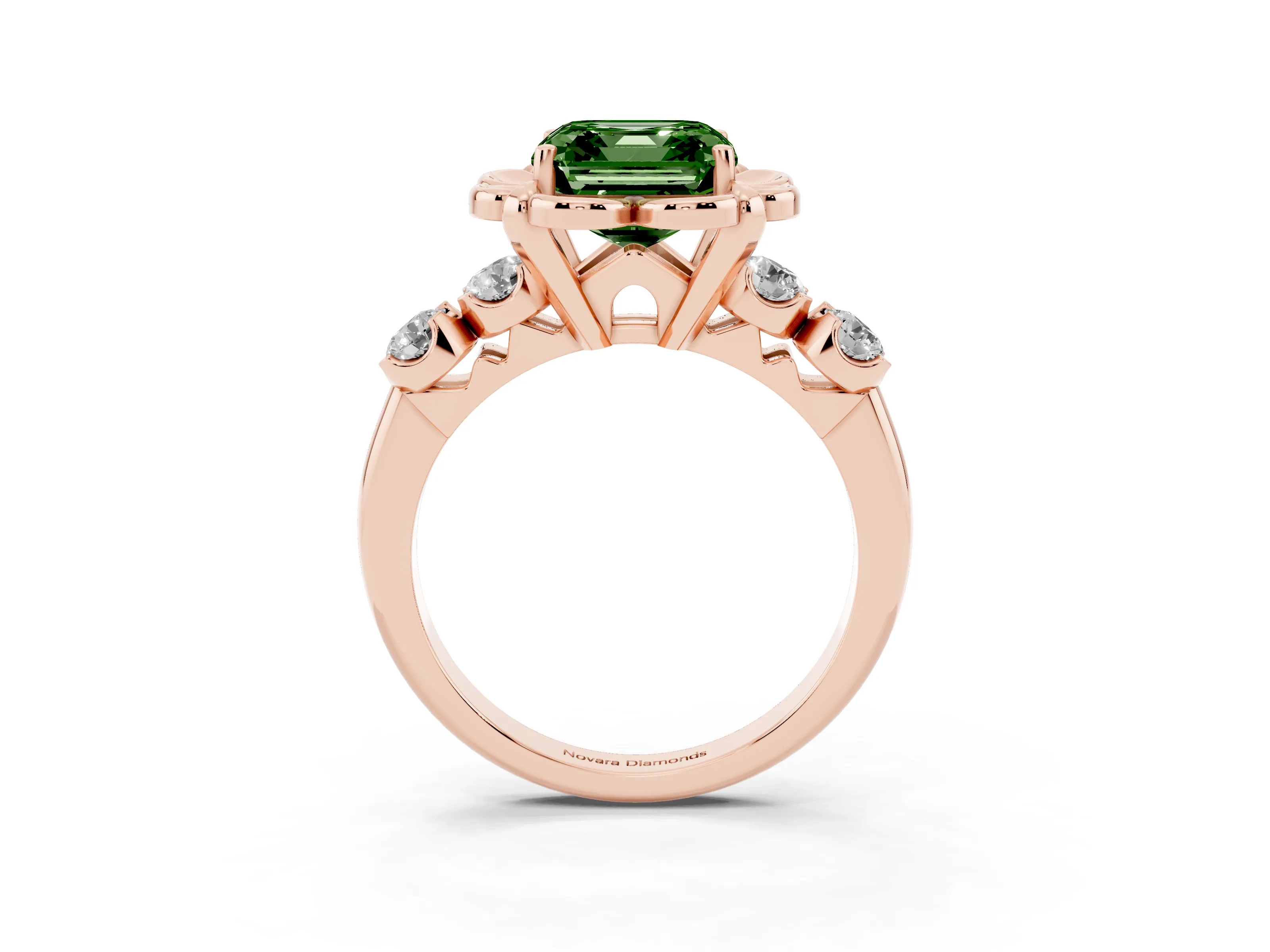 Fancy Green Asscher Cut Diamond Floral Halo Ring Set in Rose gold with Shared Prong Band