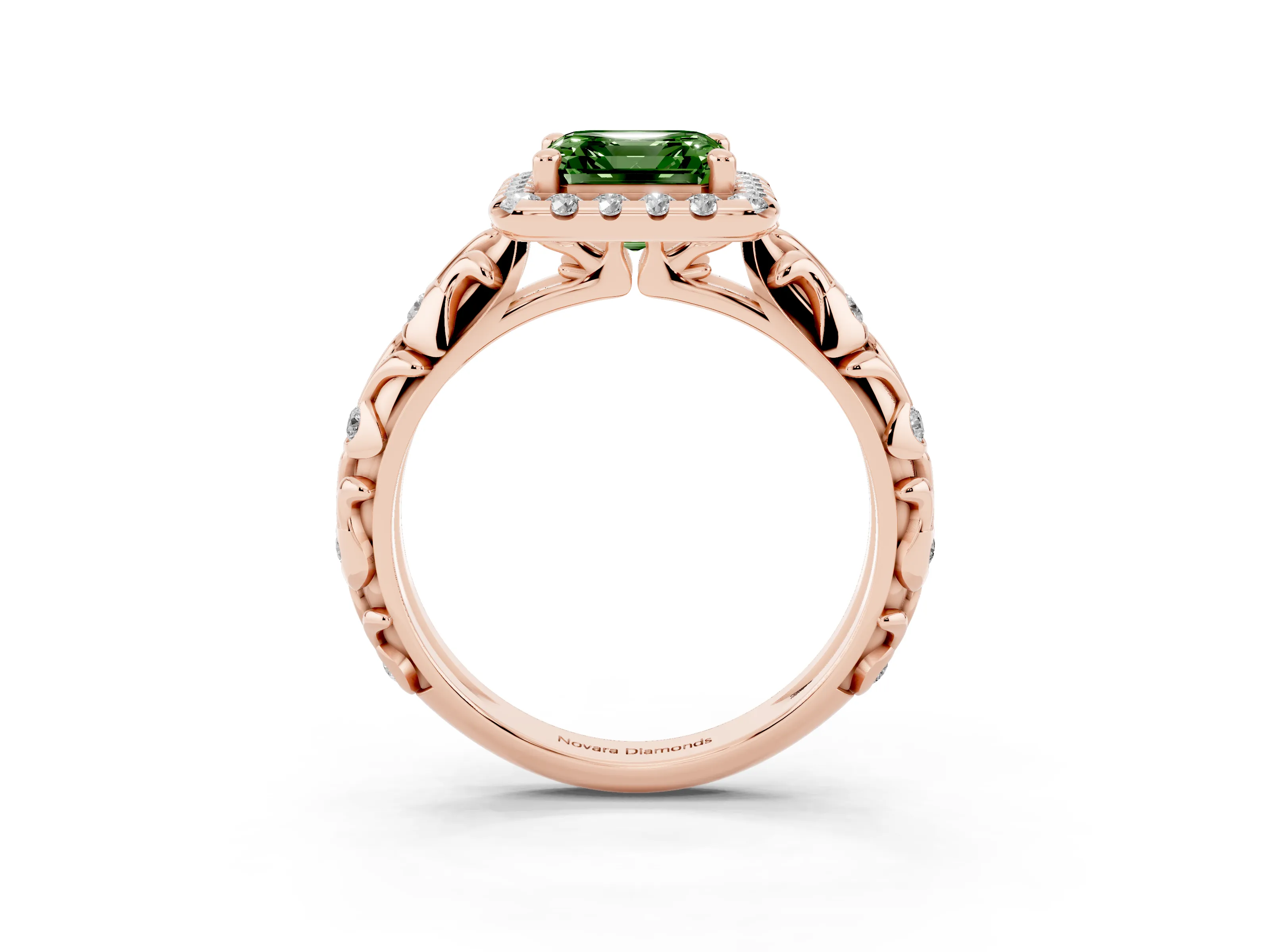 Fancy Green Asscher Cut Diamond Halo Ring Set in Rose gold with Filigree Leaf Band and Prong Setting