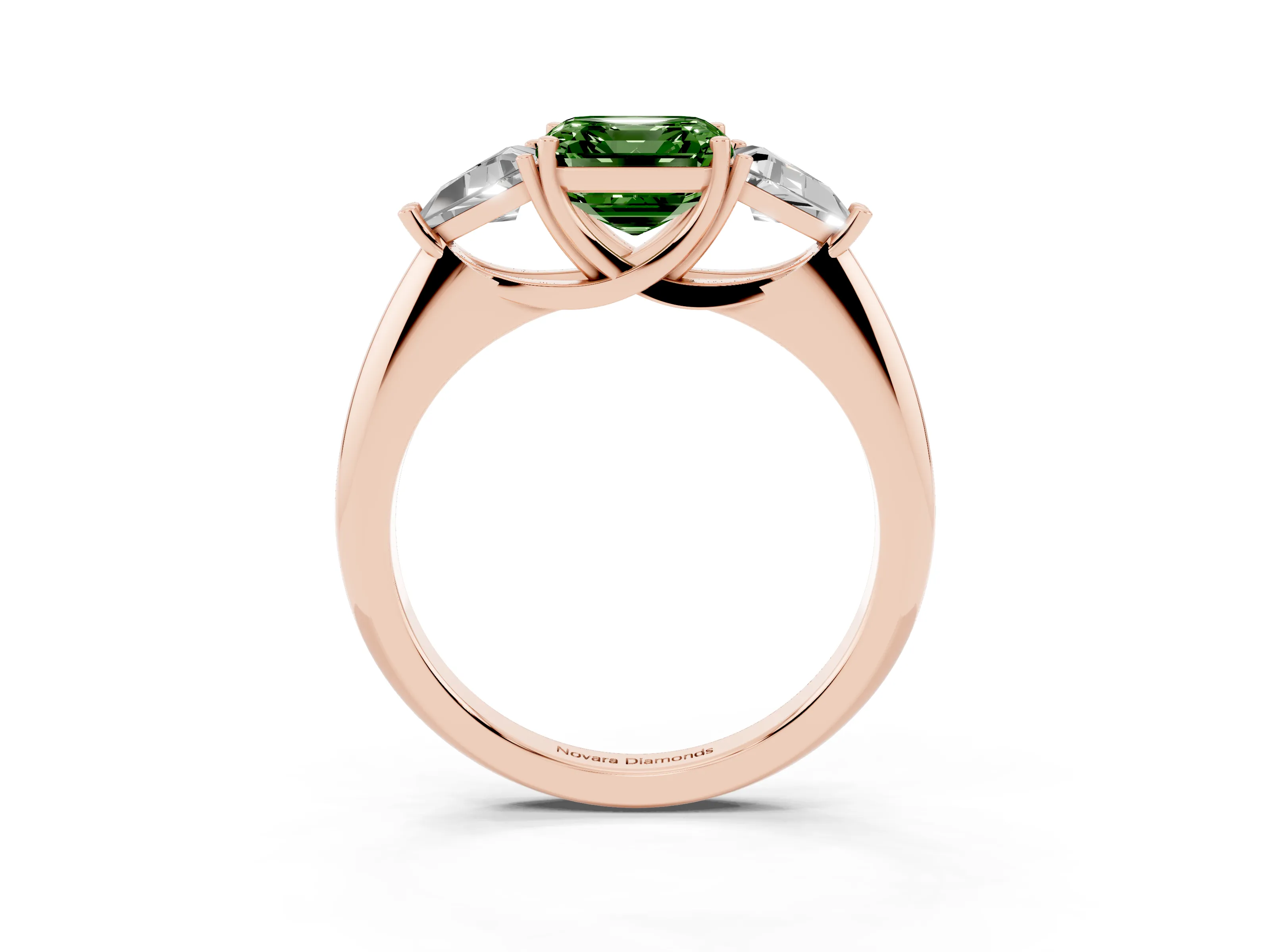 Fancy Green Asscher Cut Diamond Three-Stone Engagement Ring Set in Rose gold with Trillion Side Stones