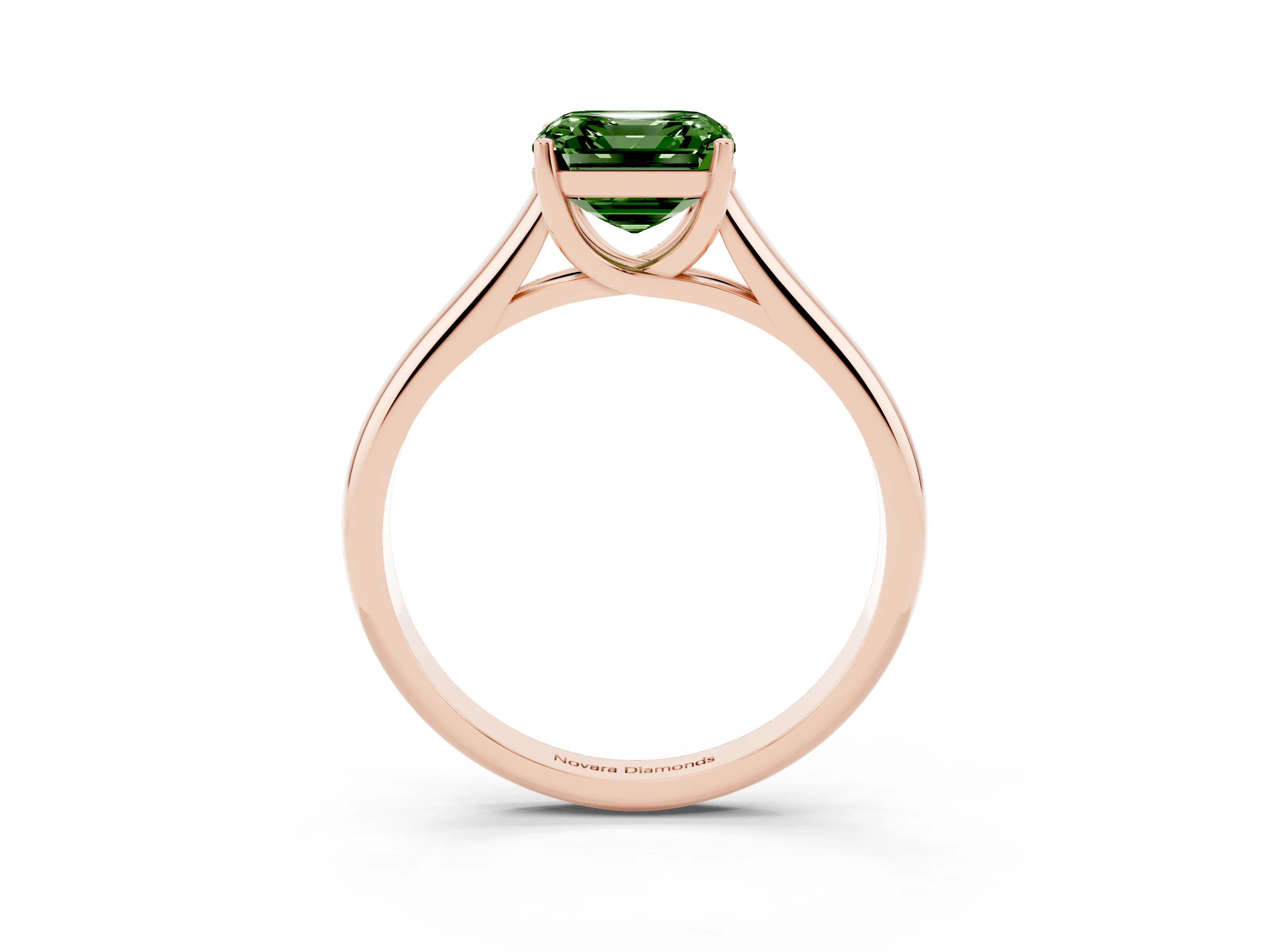 Fancy Green Asscher Cut Diamond Solitaire Engagement Ring Set in Rose gold with Subtly Tapered Band and Prong Setting