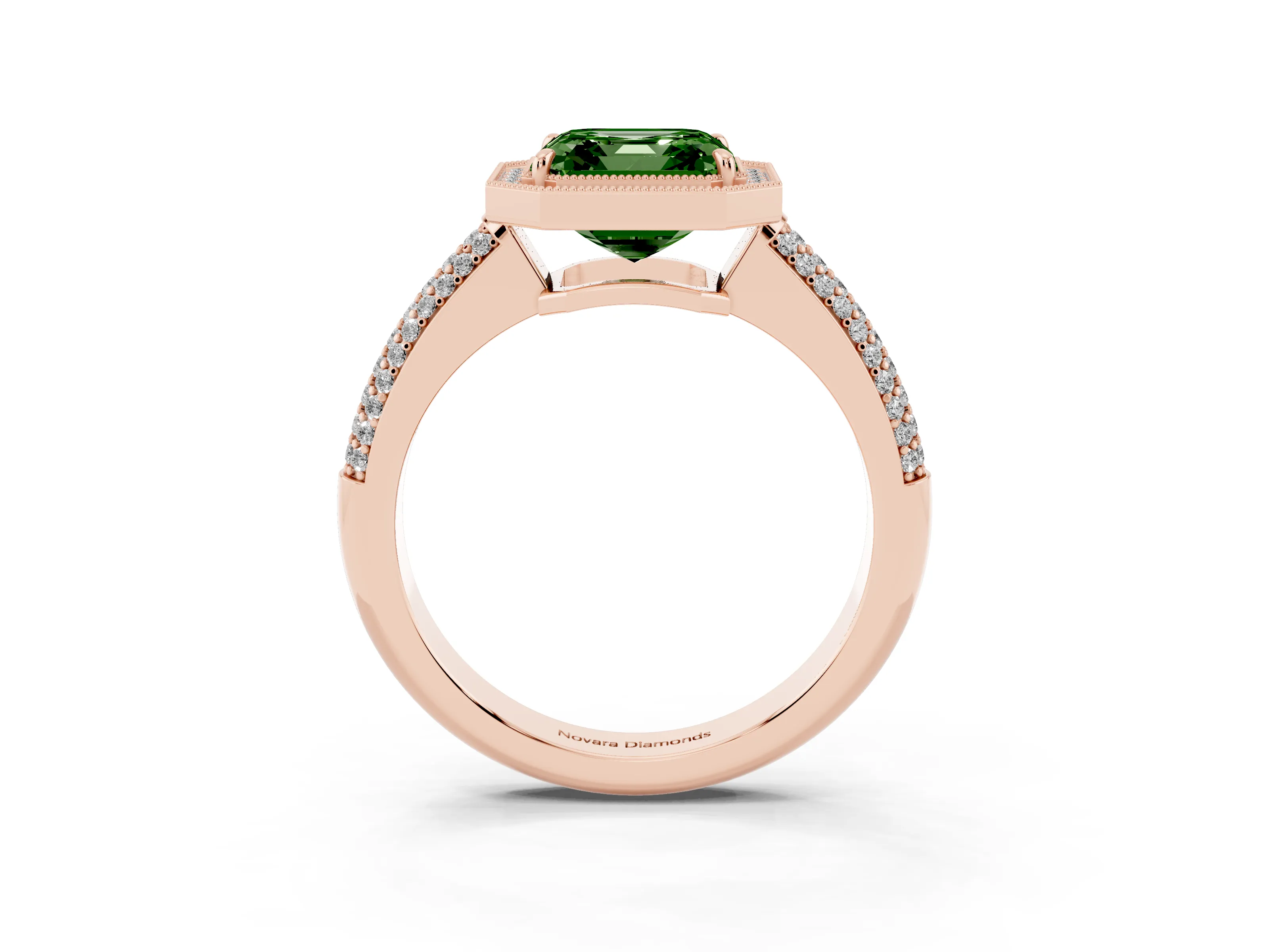 Fancy Green Asscher Cut Diamond Halo Pavé Band Set in Rose gold with Prong Setting