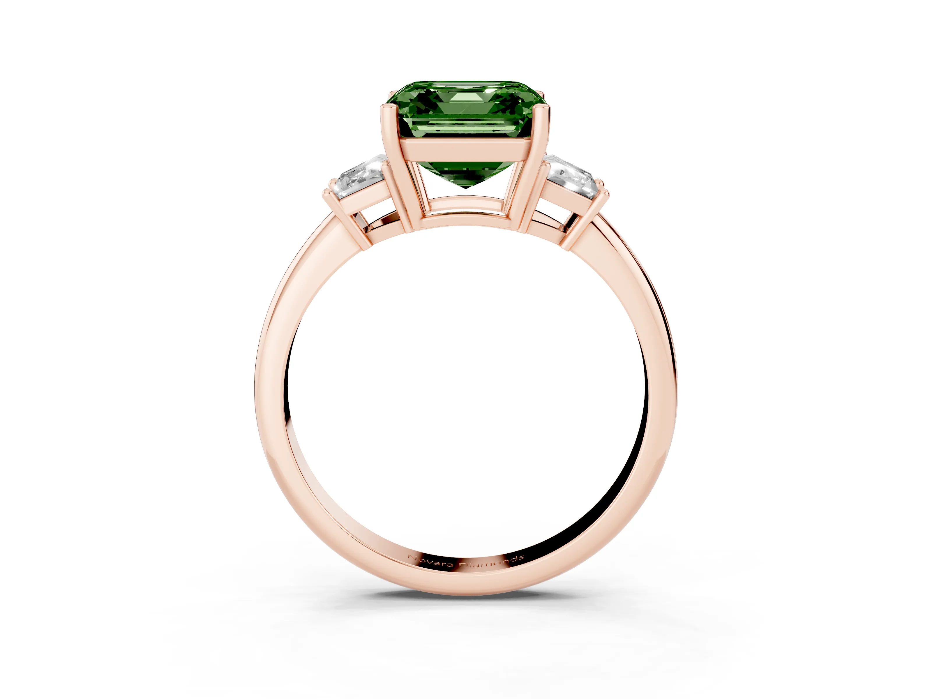 Fancy Green Asscher Cut Diamond Three-Stone Ring Set in Rose gold with Trapezoid Side Stones and Prong Setting
