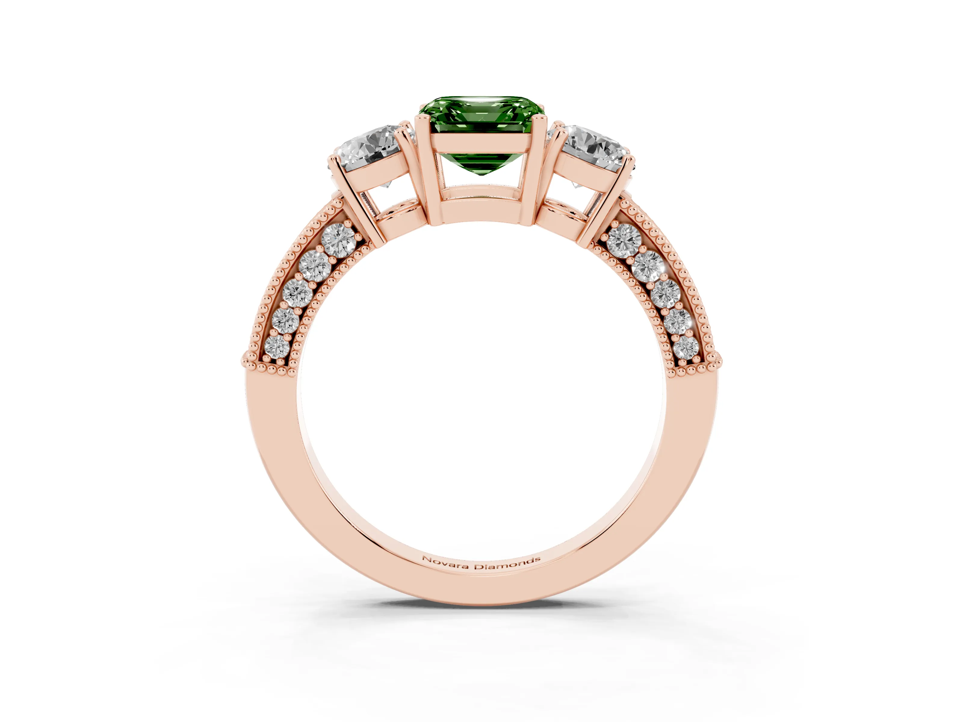 Fancy Green Asscher Cut Diamond Three-Stone Ring Set in Rose gold with Round Side Stones and Pavé Band