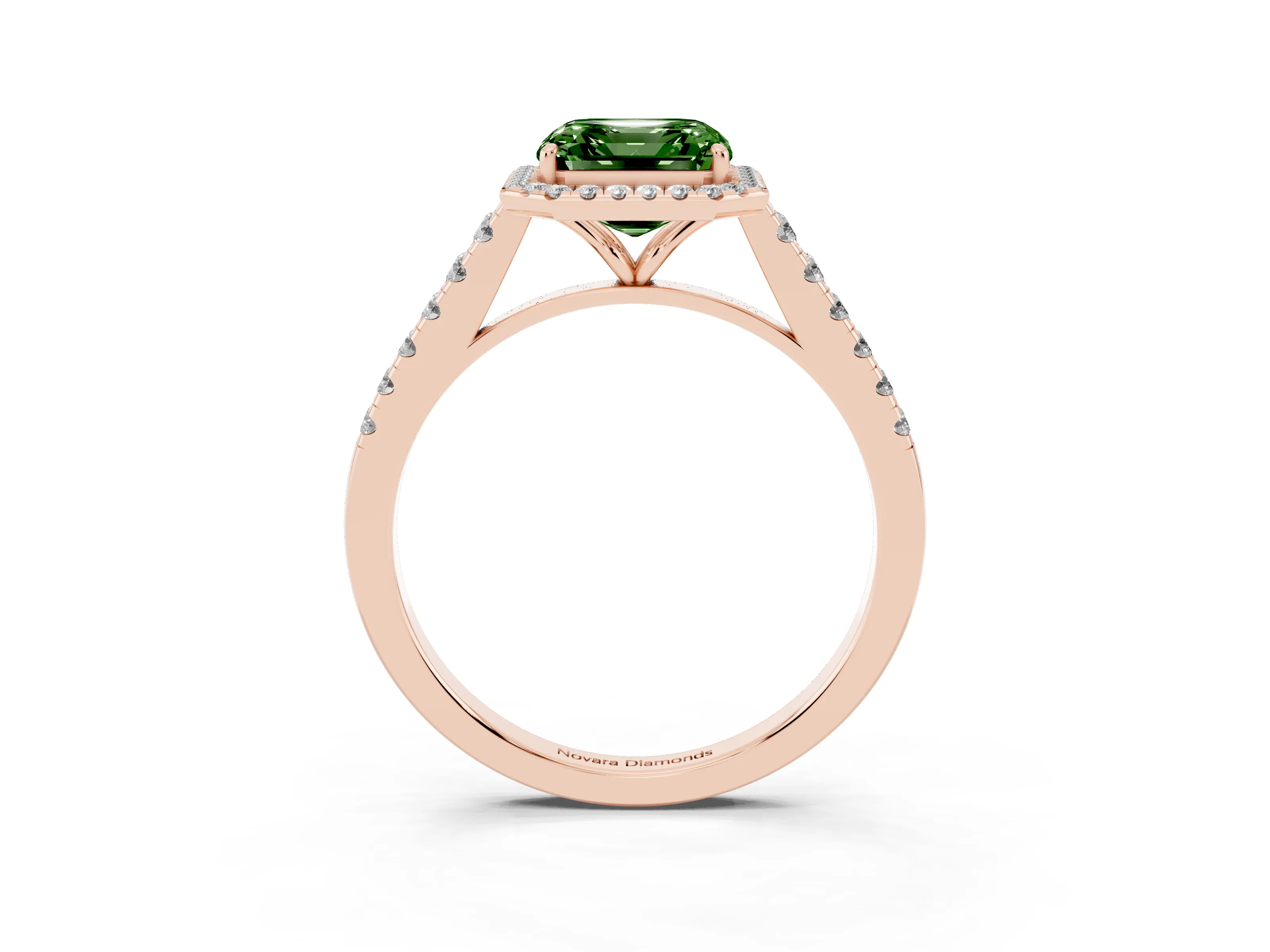 Fancy Green Asscher Cut Diamond Halo Pavé Engagement Ring Set in Rose gold with Prong Setting