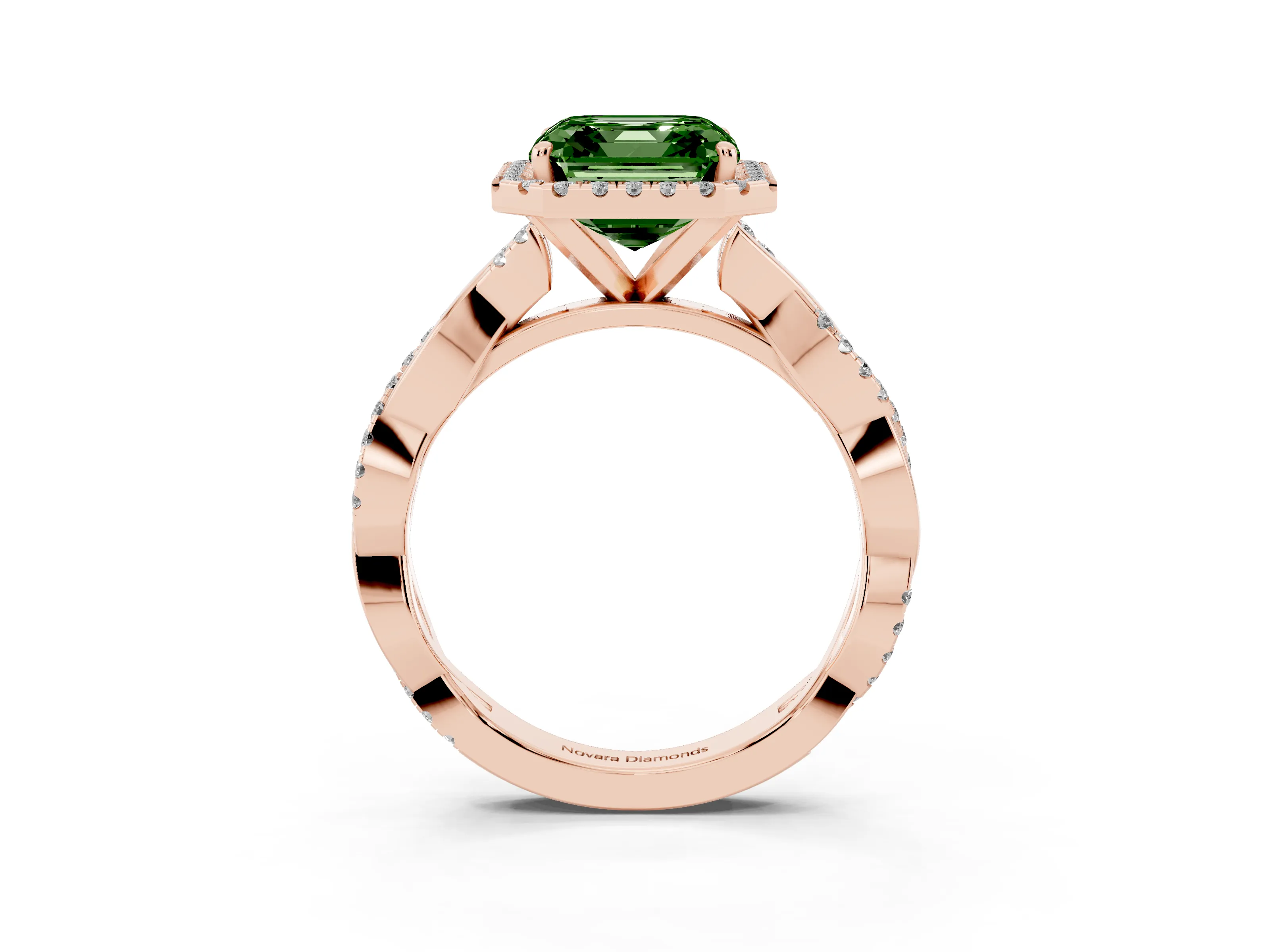 Fancy Green Asscher Cut Diamond Halo Twisted Band Ring Set in Rose gold with Prong Setting