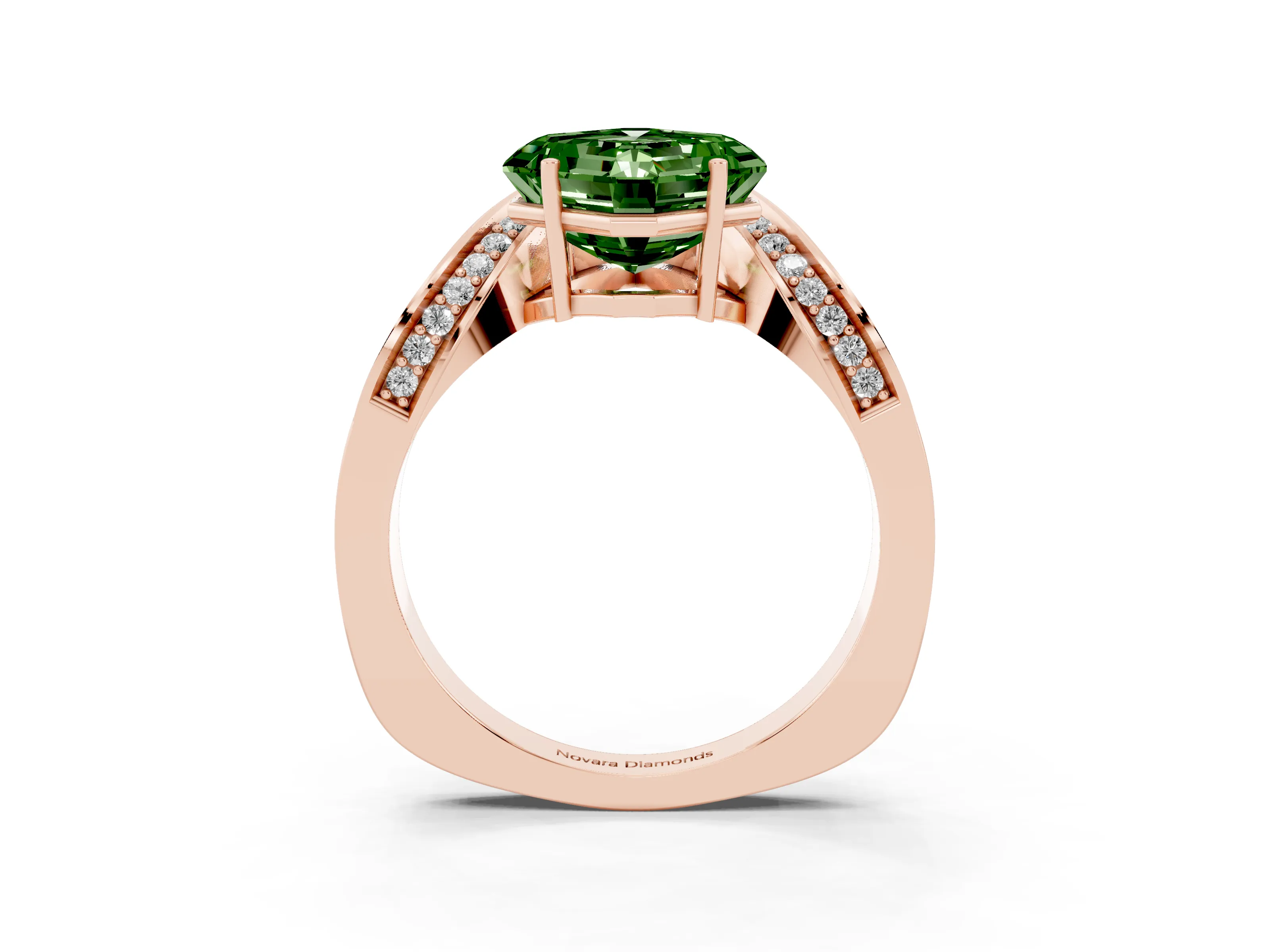Fancy Green Asscher Cut Diamond Solitaire Engagement Ring Set in Rose gold with Pavé Shoulders