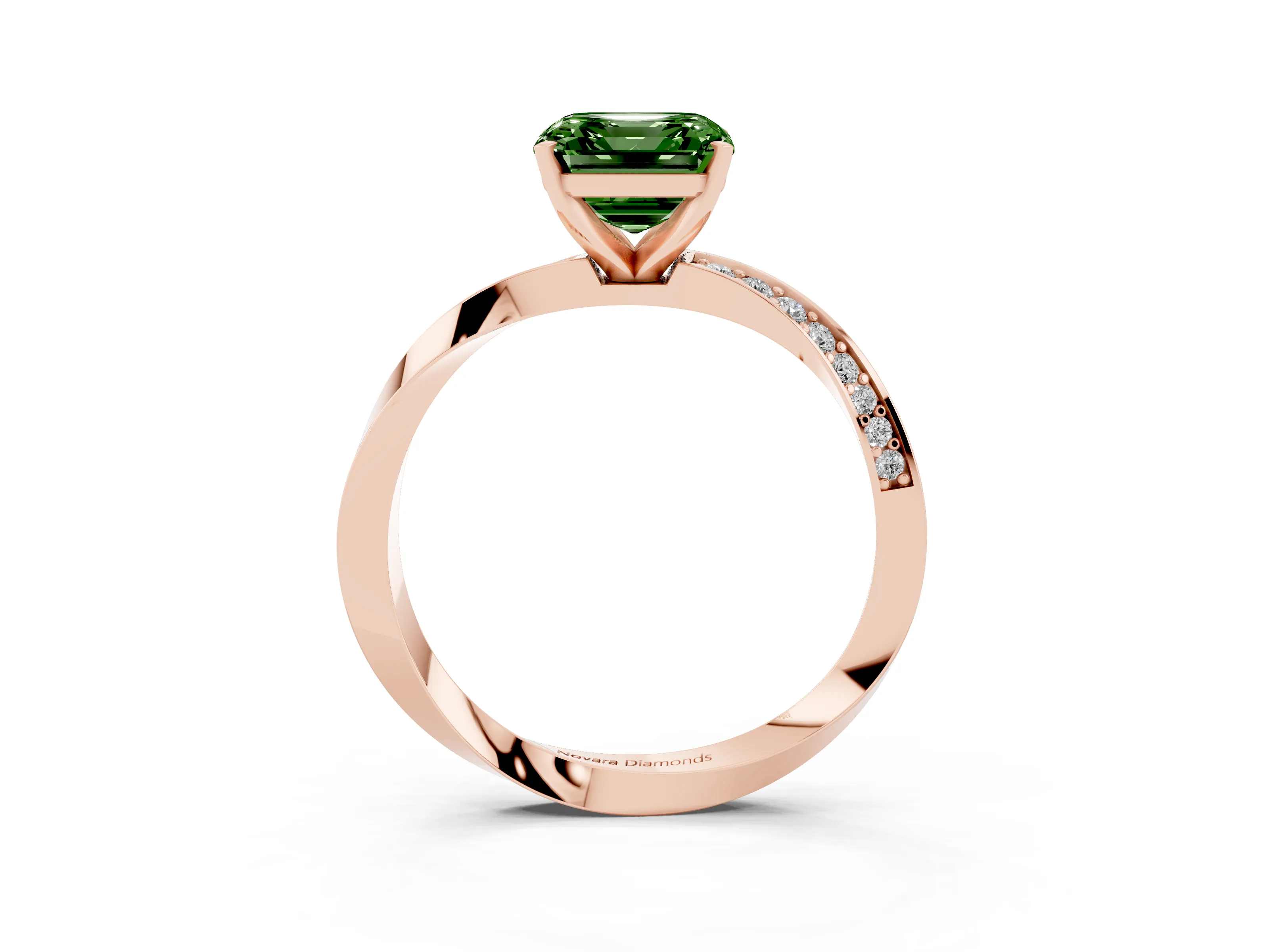Fancy Green Asscher Cut Diamond Engagement Ring Set in Rose gold with Side Stone Accents and Prong Setting