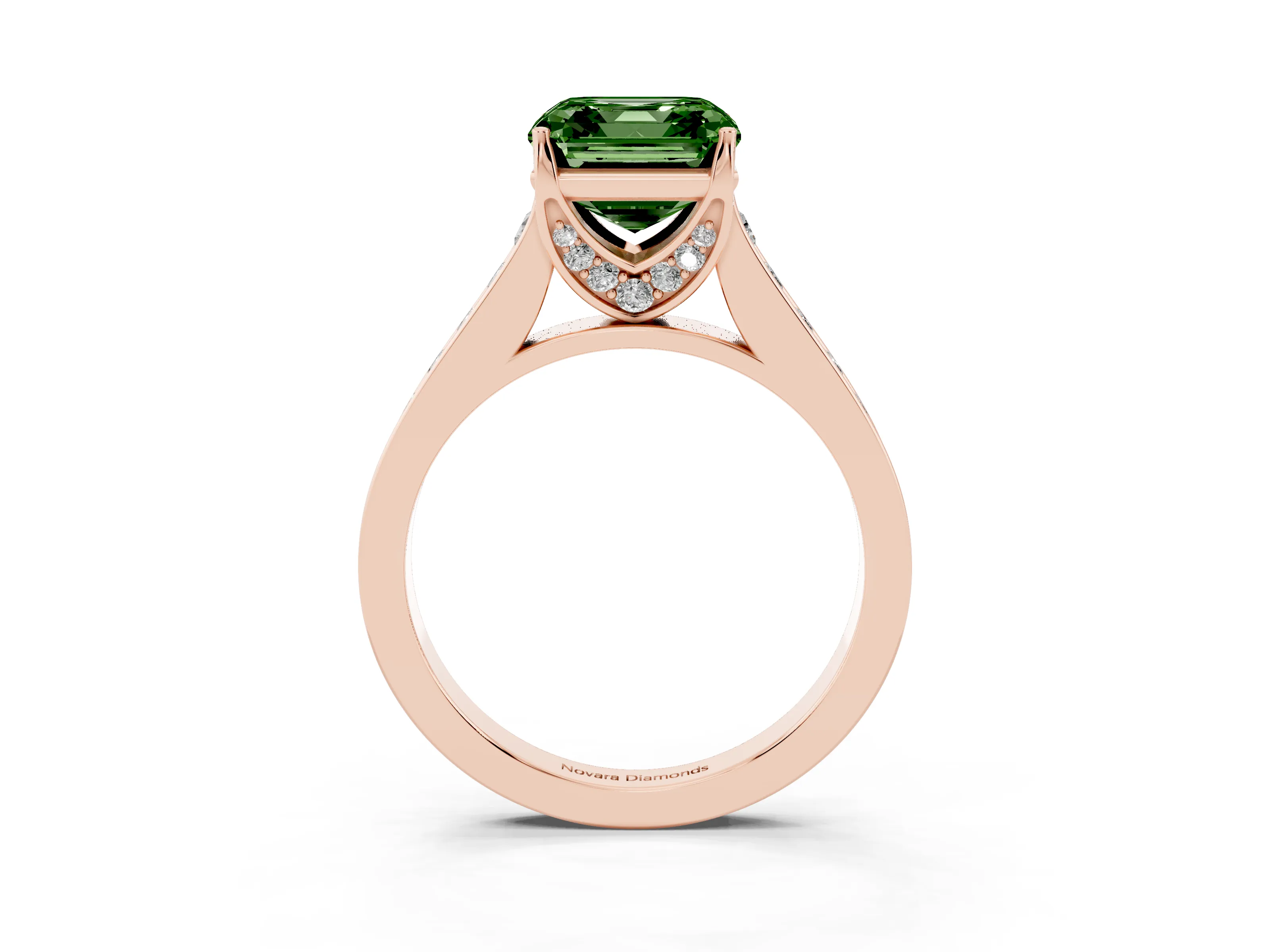 Fancy Green Asscher Cut Diamond Solitaire Pavé Engagement Ring Set in Rose gold with Prong Setting