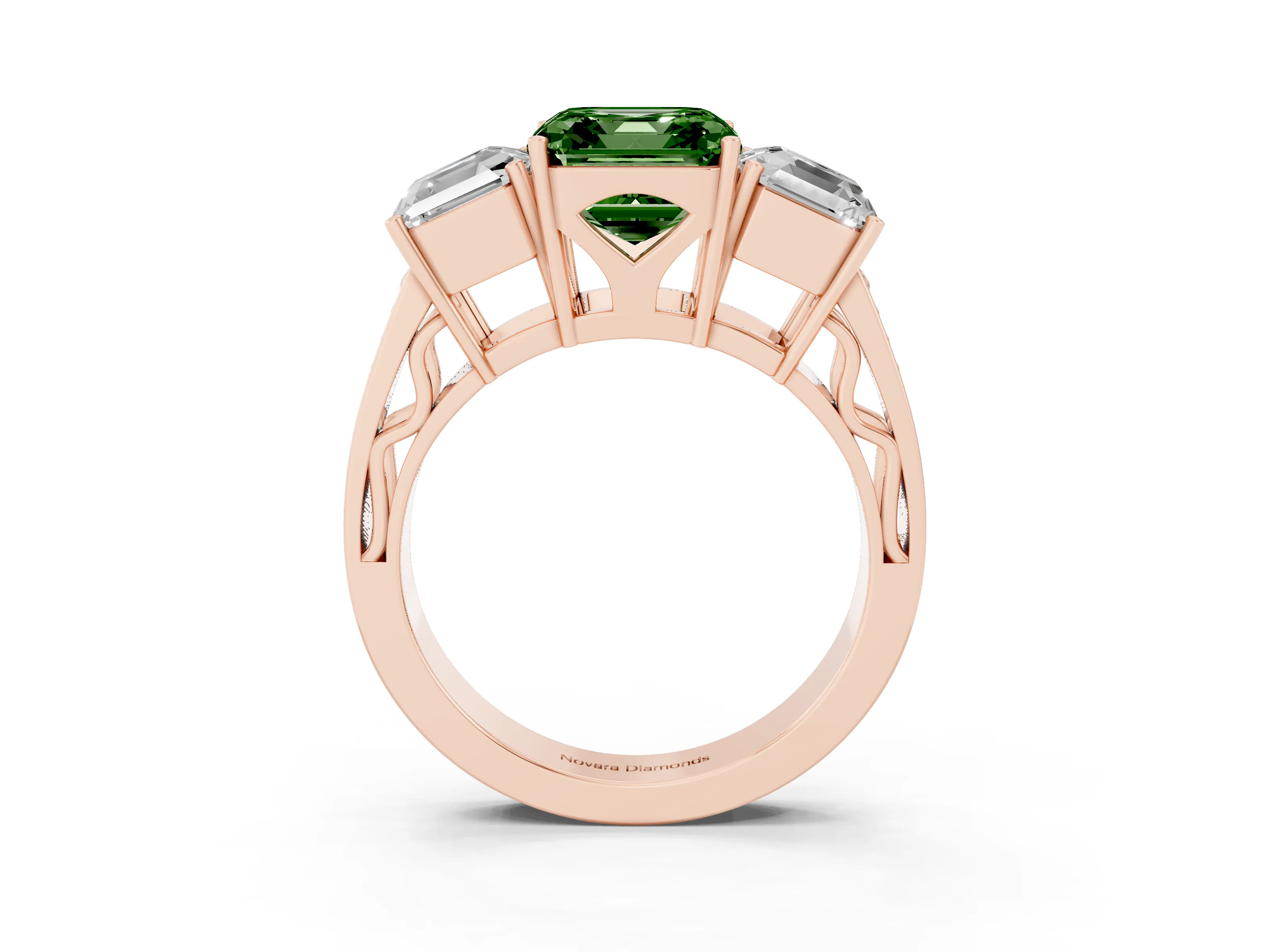 Fancy Green Asscher Cut Diamond Three-Stone Ring Set in Rose gold with Textured Band
