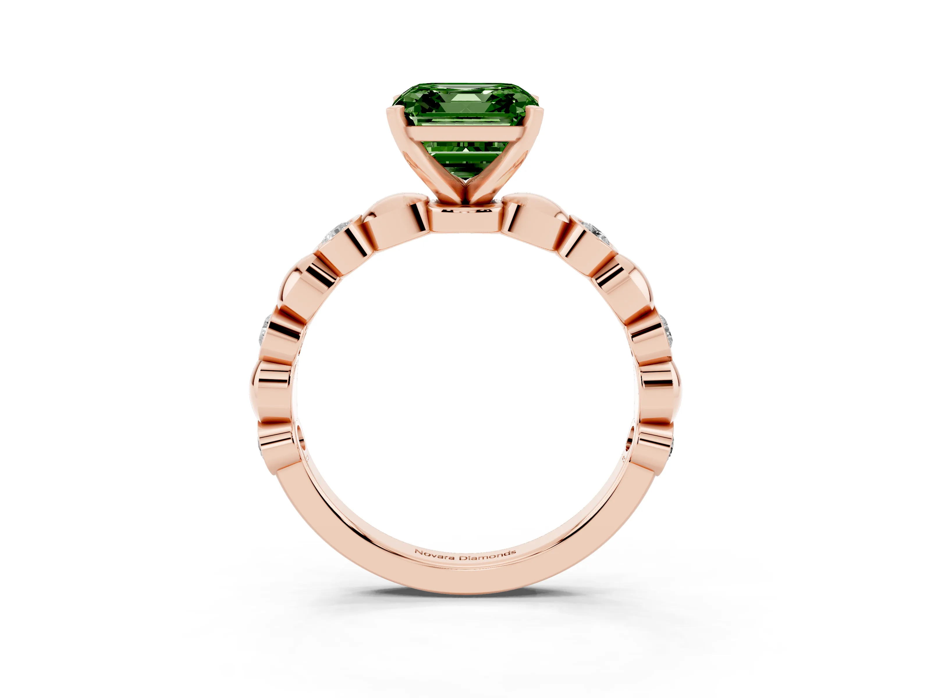 Fancy Green Asscher Cut Diamond Solitaire Ring Set in Rose gold with Bezel-Set Accents on Beaded Band and Prong Setting