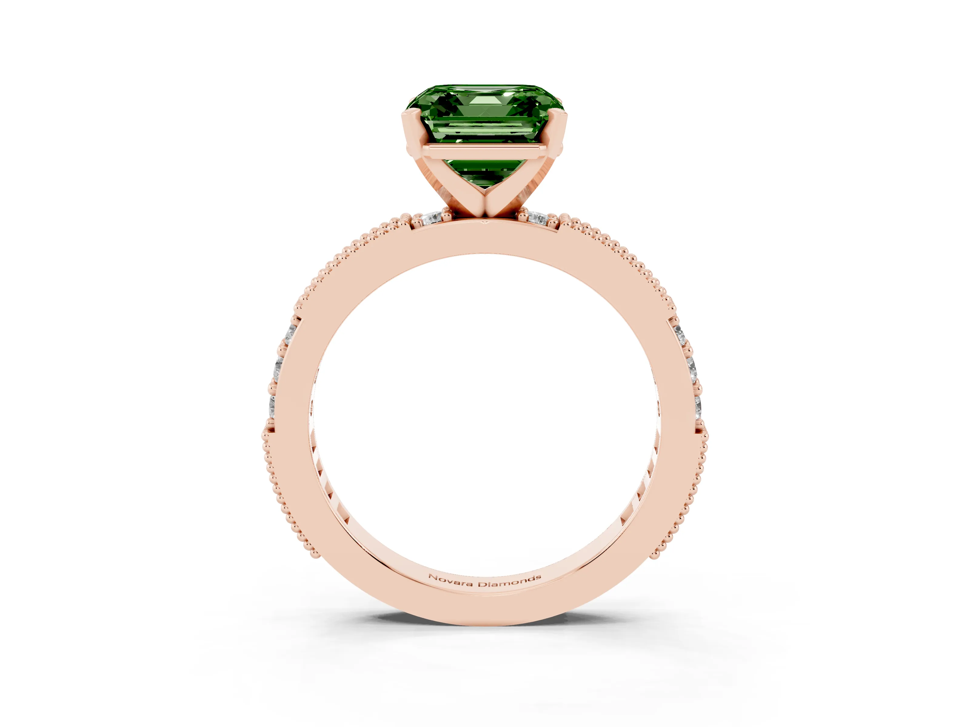 Fancy Green Asscher Cut Diamond Solitaire Ring Set in Rose gold with Slim Pavé Band and Prong Setting