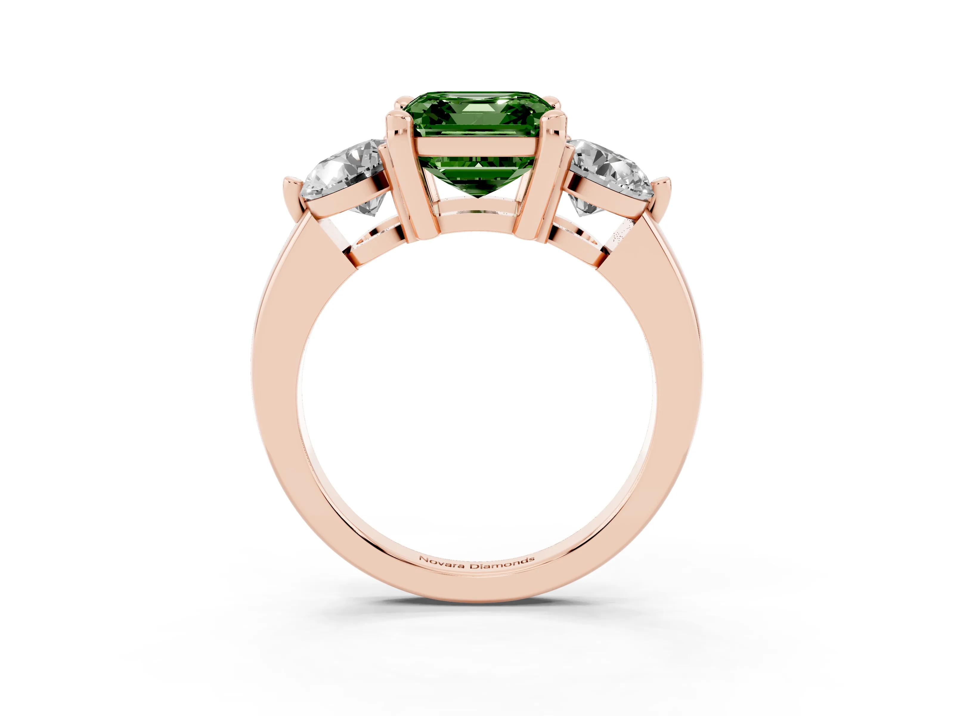 Fancy Green Asscher Cut Diamond Three-Stone Ring Set in Rose gold with Prong Setting and Classic Band