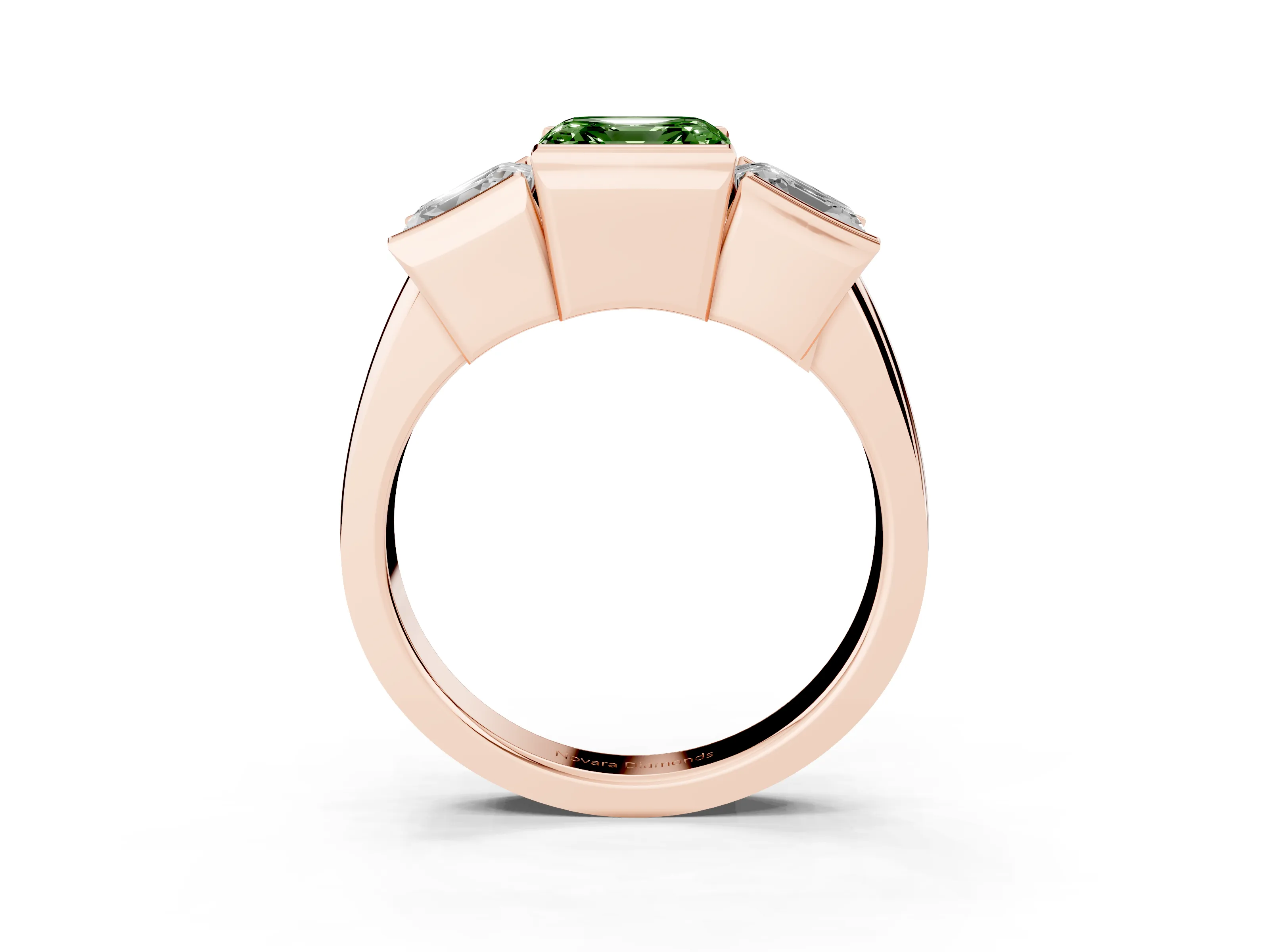 Fancy Green Asscher Cut Diamond Three-Stone Channel Set Ring Set in Rose gold with Smooth Polished Band