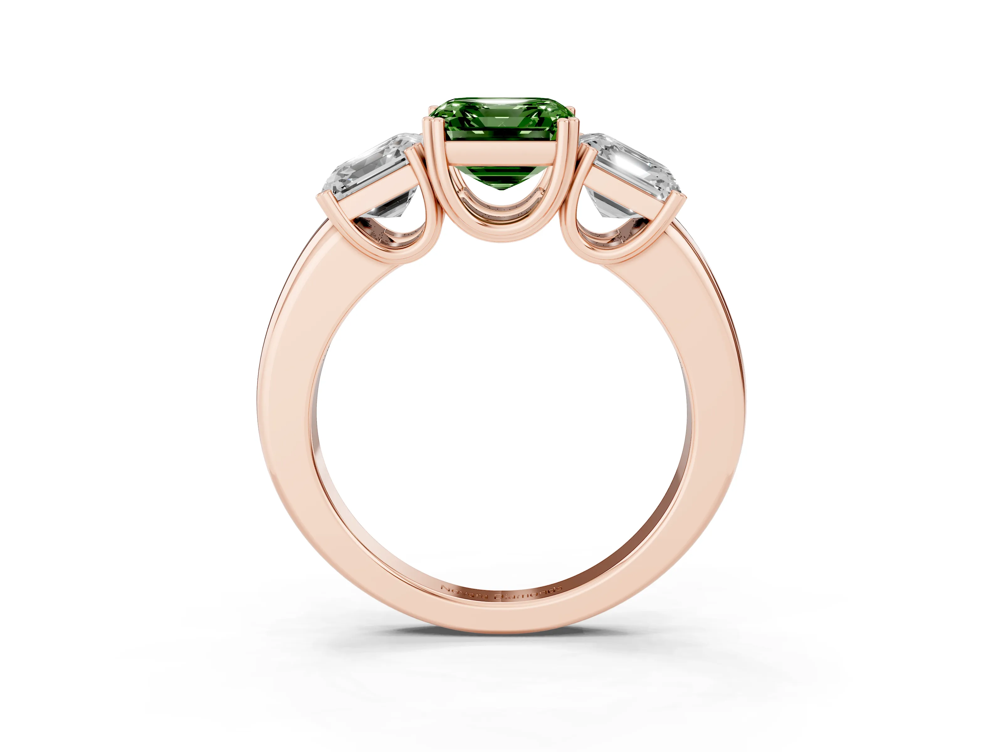 Fancy Green Asscher Cut Diamond Three-Stone Ring Set in Rose gold with Polished Band and Prong Setting