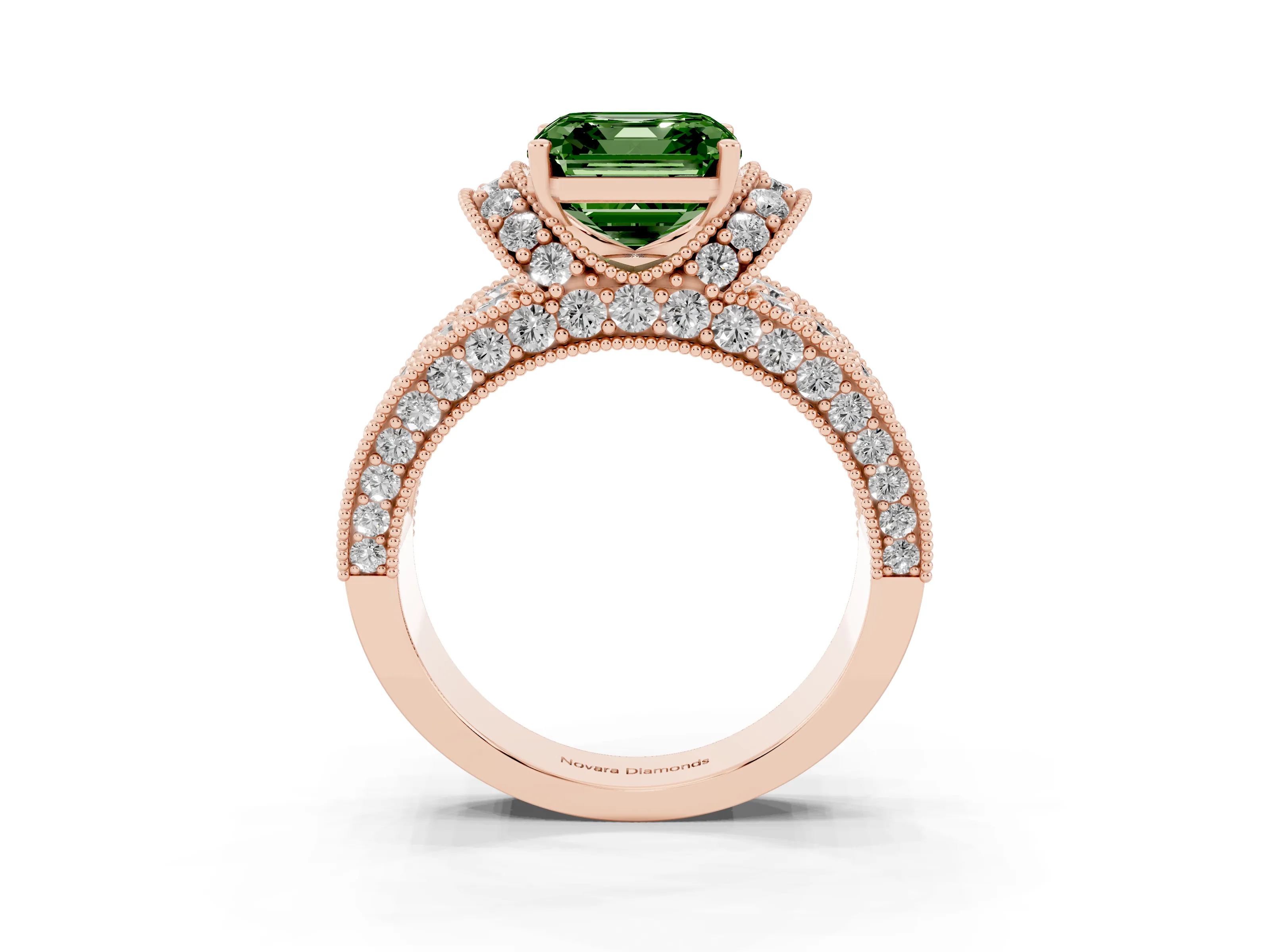 Fancy Green Asscher Cut Diamond Milgrain Halo Pavé Engagement Ring Set in Rose gold with Prong Setting