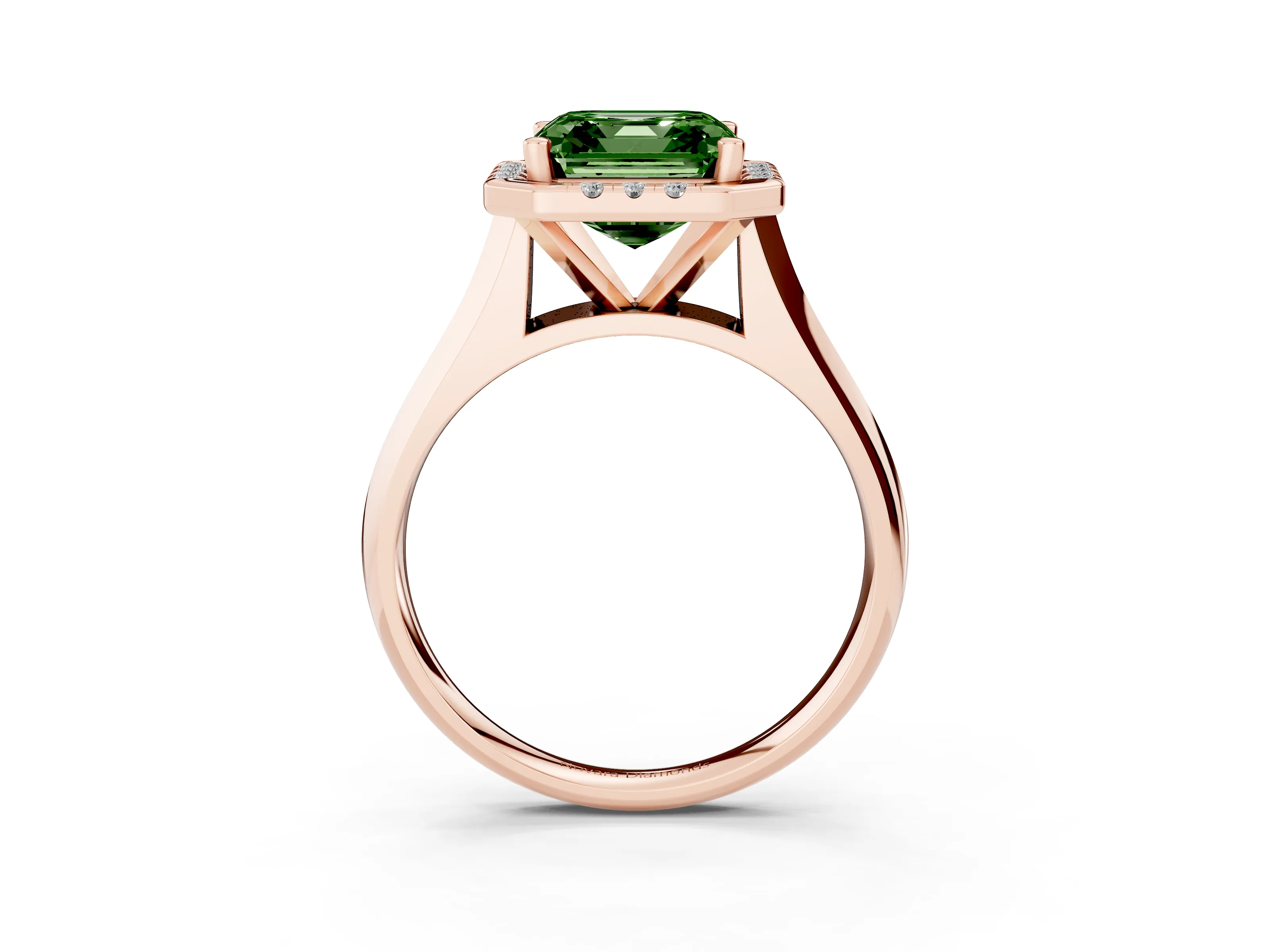 Fancy Green Asscher Cut Diamond Halo Solitaire Engagement Ring Set in Rose gold with Square Band and Prong Setting