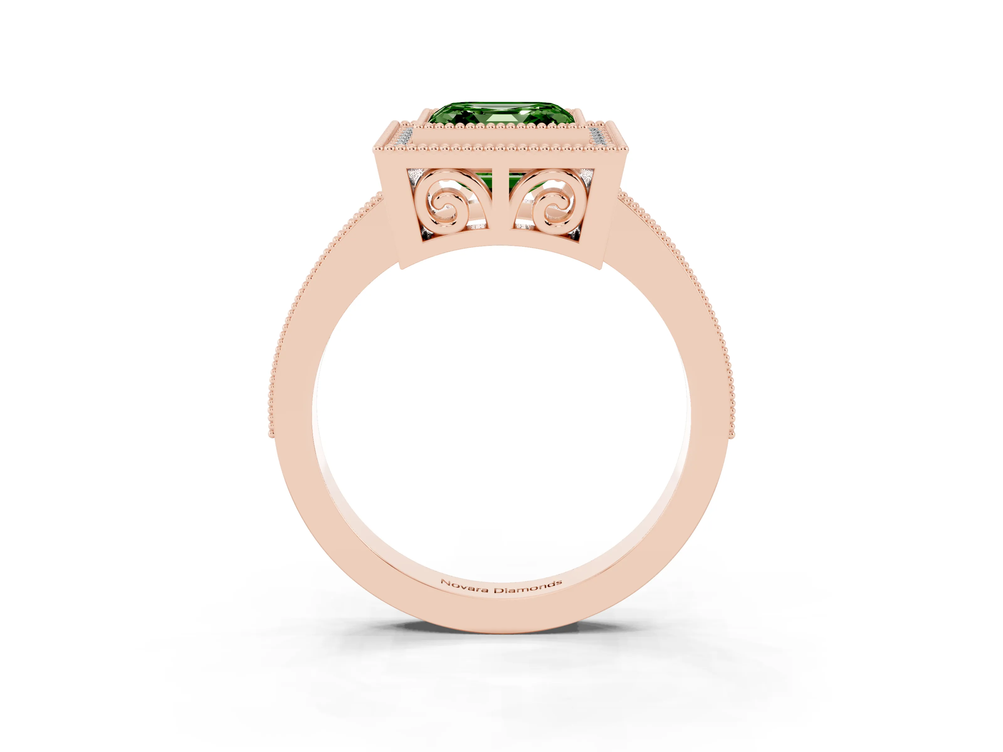Fancy Green Asscher Cut Diamond Round Halo Ring Set in Rose gold with Pavé Band