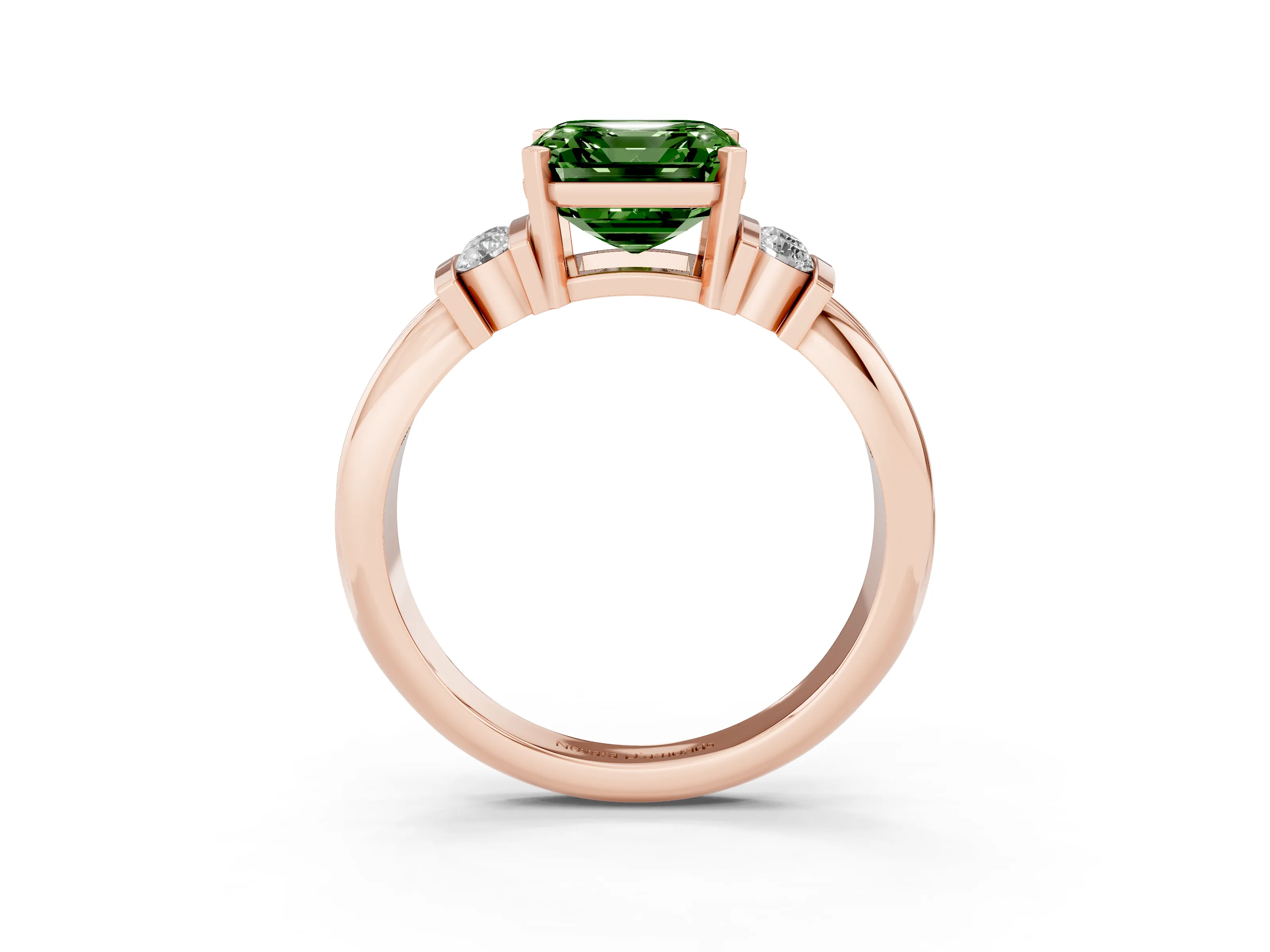 Fancy Green Three-Stone Asscher Cut Diamond Channel Set Ring Set in Rose gold with Bar Prongs