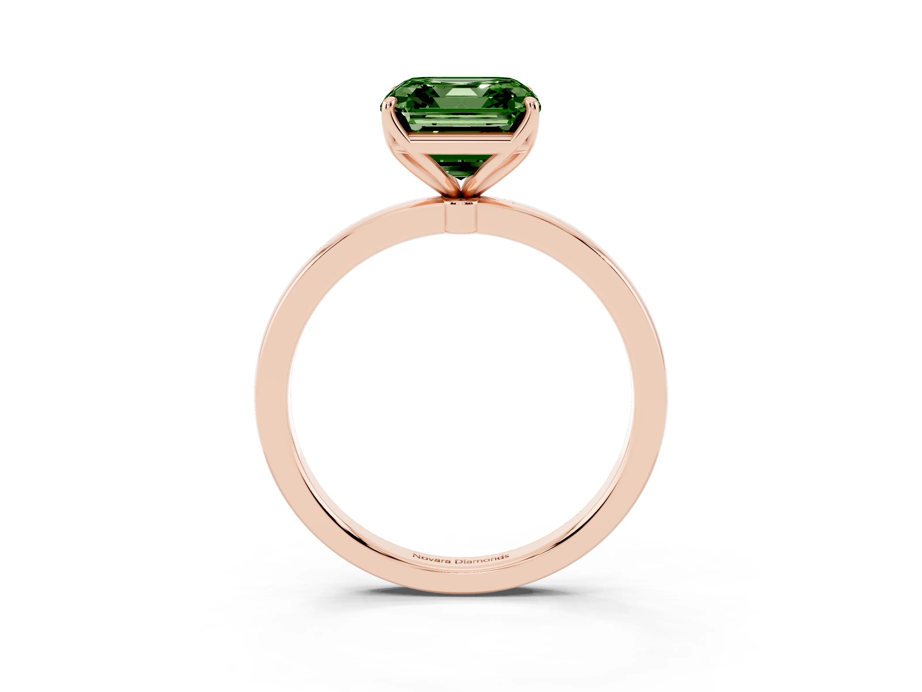 Fancy Green Asscher Cut Diamond Solitaire Ring Set in Rose gold with Prong Setting and Thin Polished Band